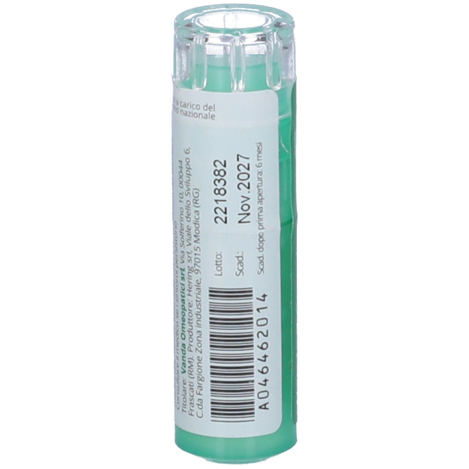 Cilindro verde con etichetta bianca. Codice a barre e informazioni. Scritta: Vanda. Scadenza: Nov.2027. Coperchio trasparente.