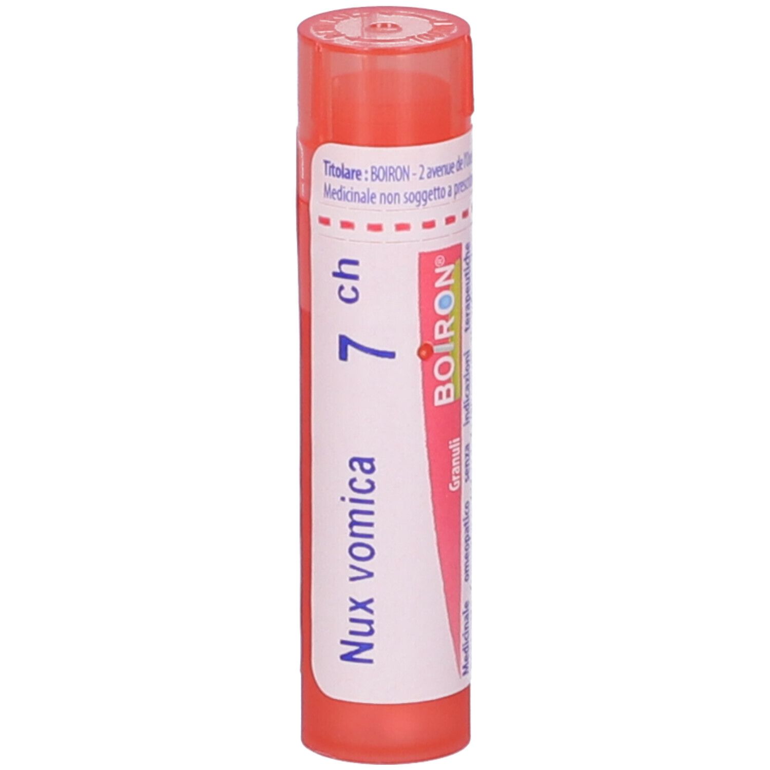 Contenitore cilindrico, tappo rosa. Scritto: Nux vomica 7 ch, BOIRON, Granuli. Etichetta con informazioni.