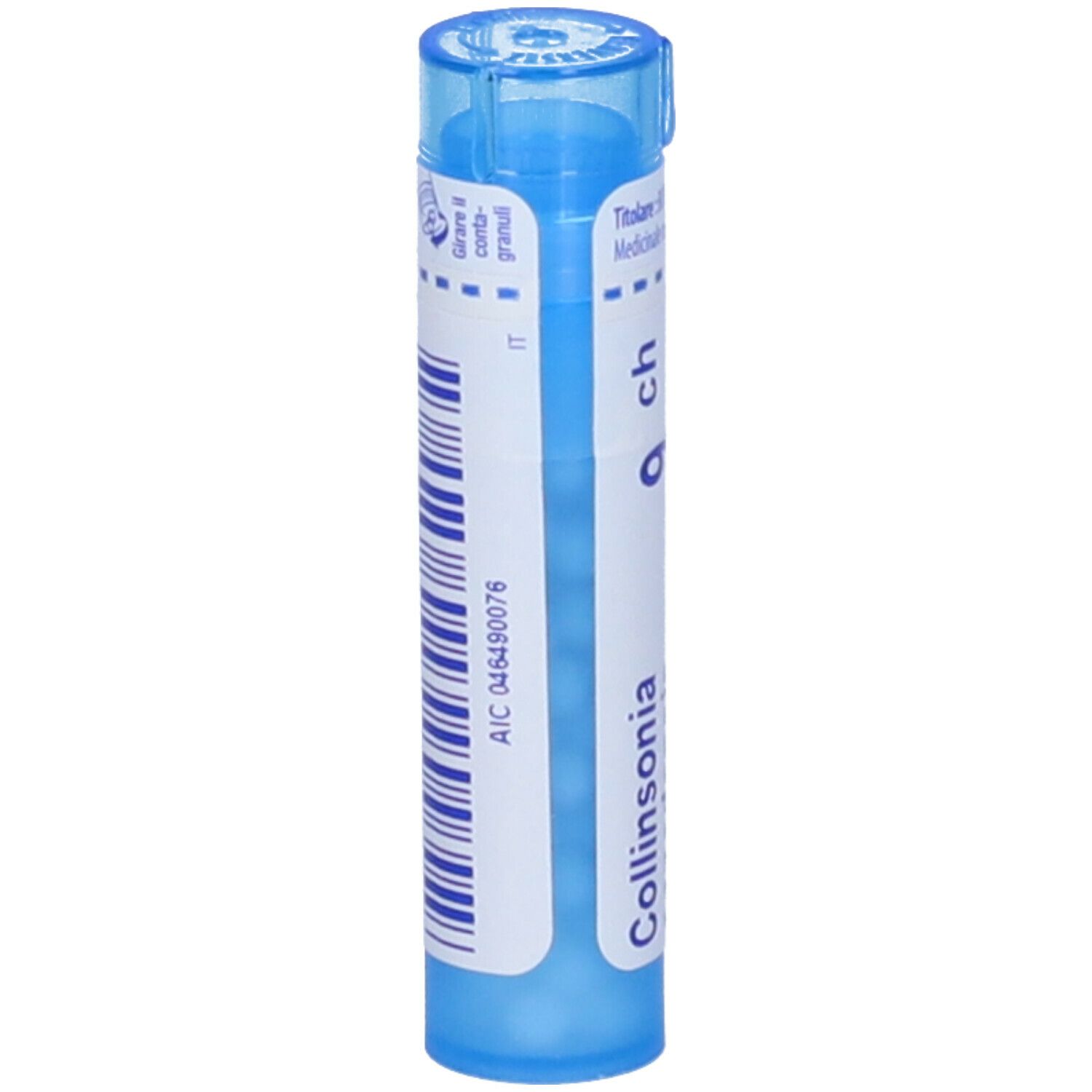 Tubo blu con 'Collinsonia' e '9 ch'. Codice a barre e 'IT' sul lato.
