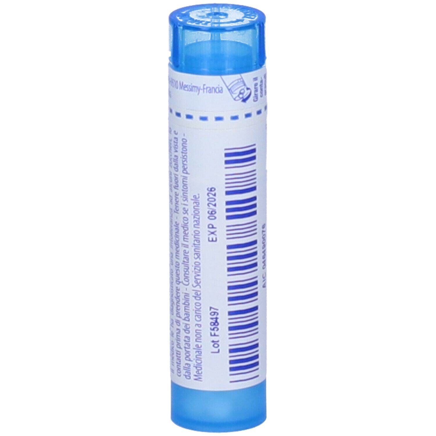 Tubo blu con testo e 'EXP 06 2026'. Lotto F58497.