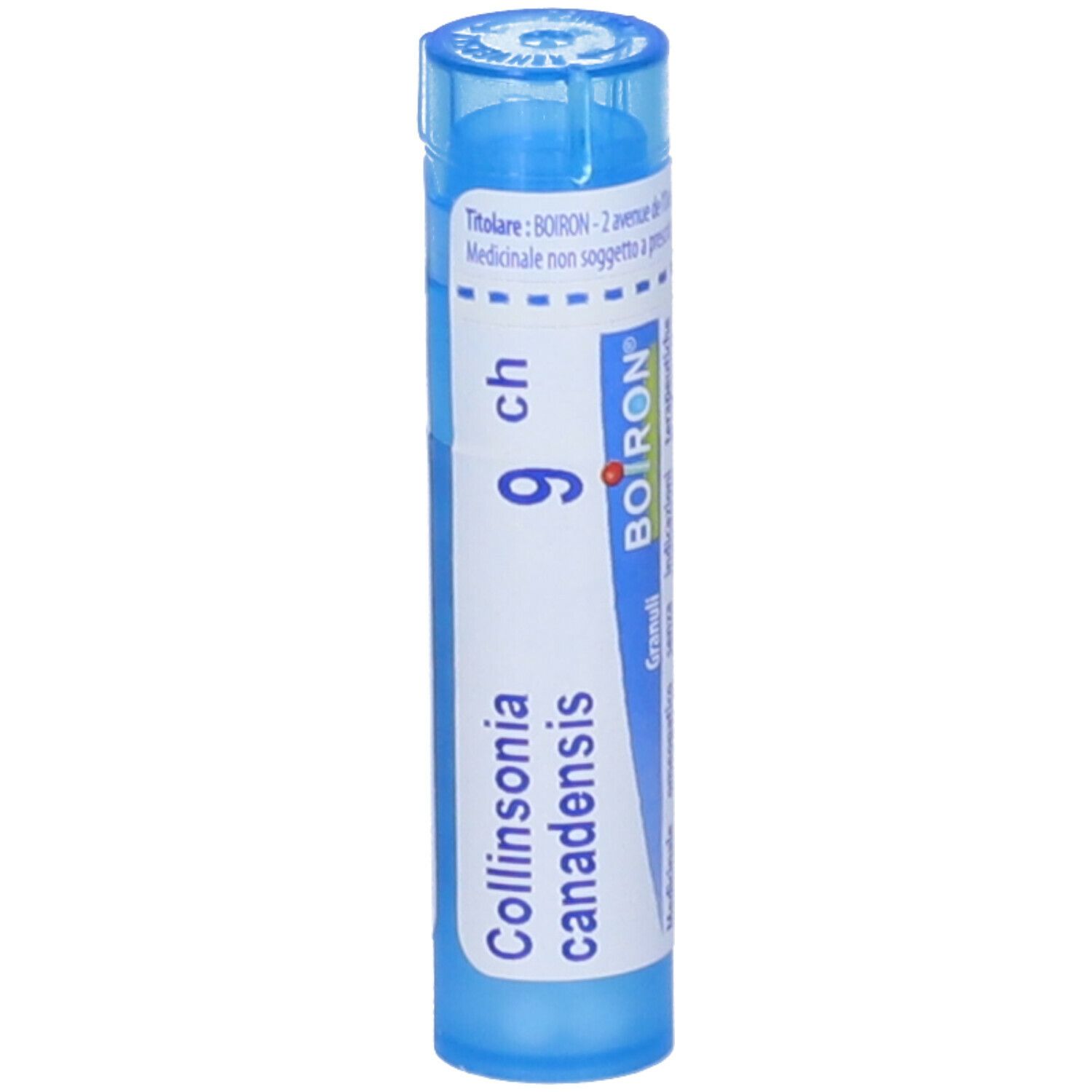Tubo blu con 'Collinsonia canadensis 9 ch' e 'BOIRON'. Granuli.