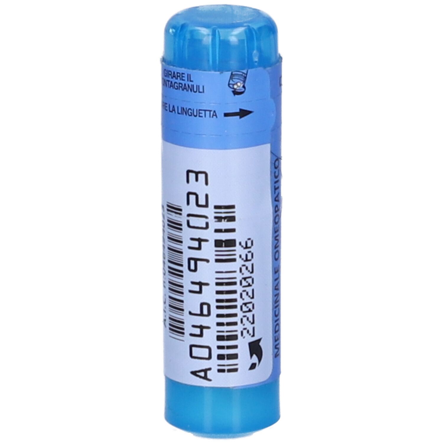 Contenitore cilindrico blu con codice a barre ed etichetta bianca. Scritta: A046494023. Istruzioni per l'apertura.