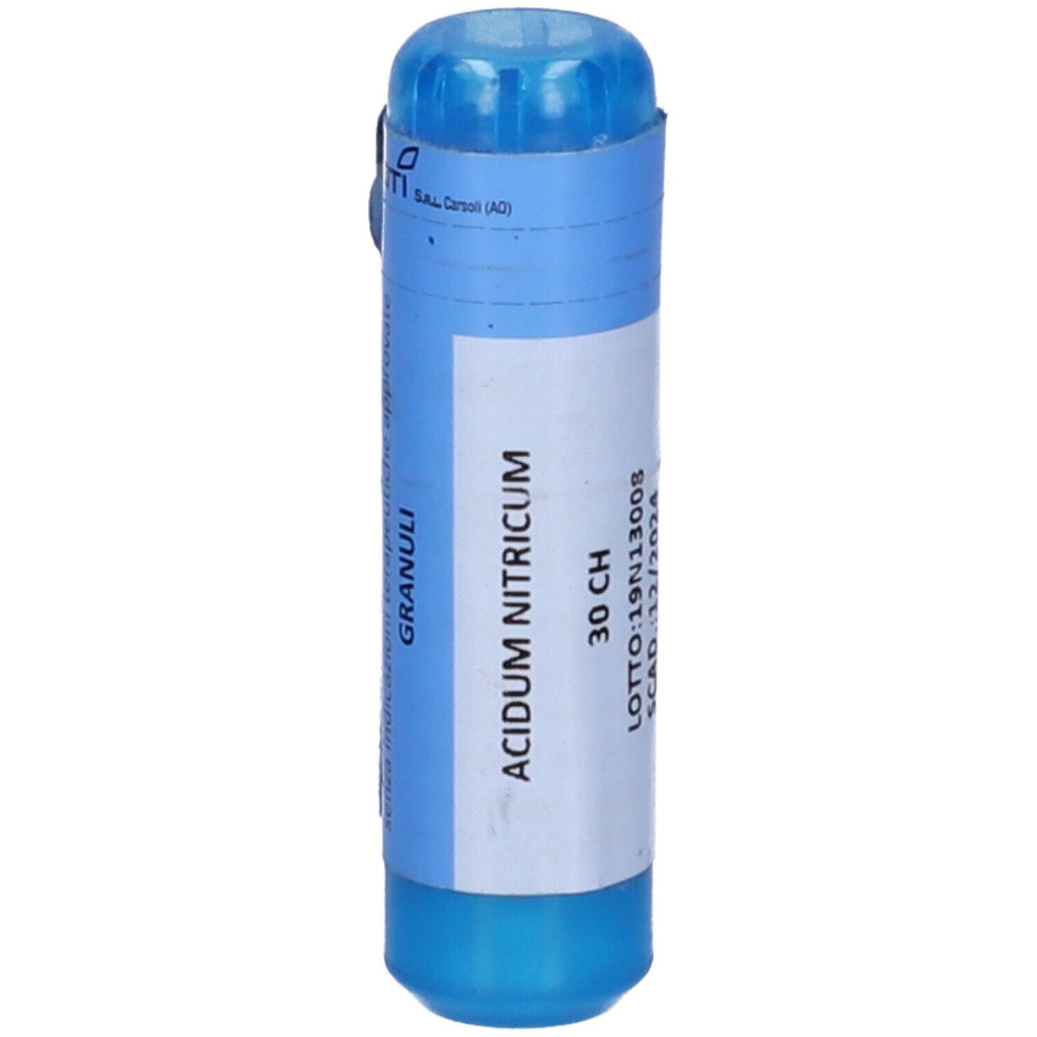 Confezione cilindrica blu e bianca con nome del prodotto e scritta Granuli. Contiene 30 CH.