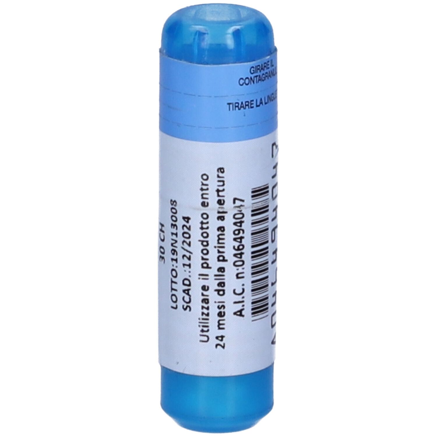 Confezione cilindrica blu e bianca con informazioni sul prodotto e scritta Granuli. Contiene 30 CH.