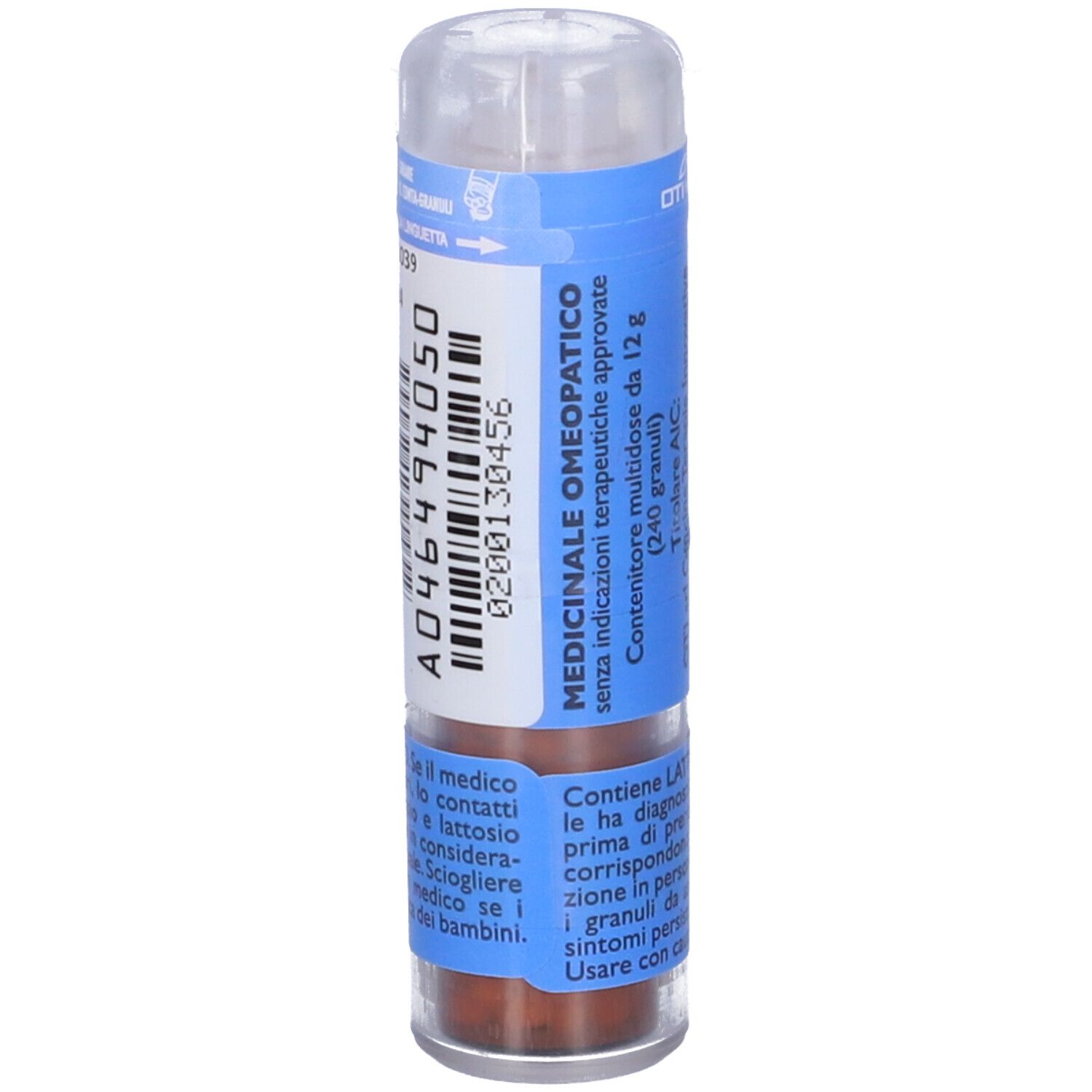 Contenitore cilindrico con etichetta blu e testo. Coperchio trasparente. Contiene granuli. 12 g.