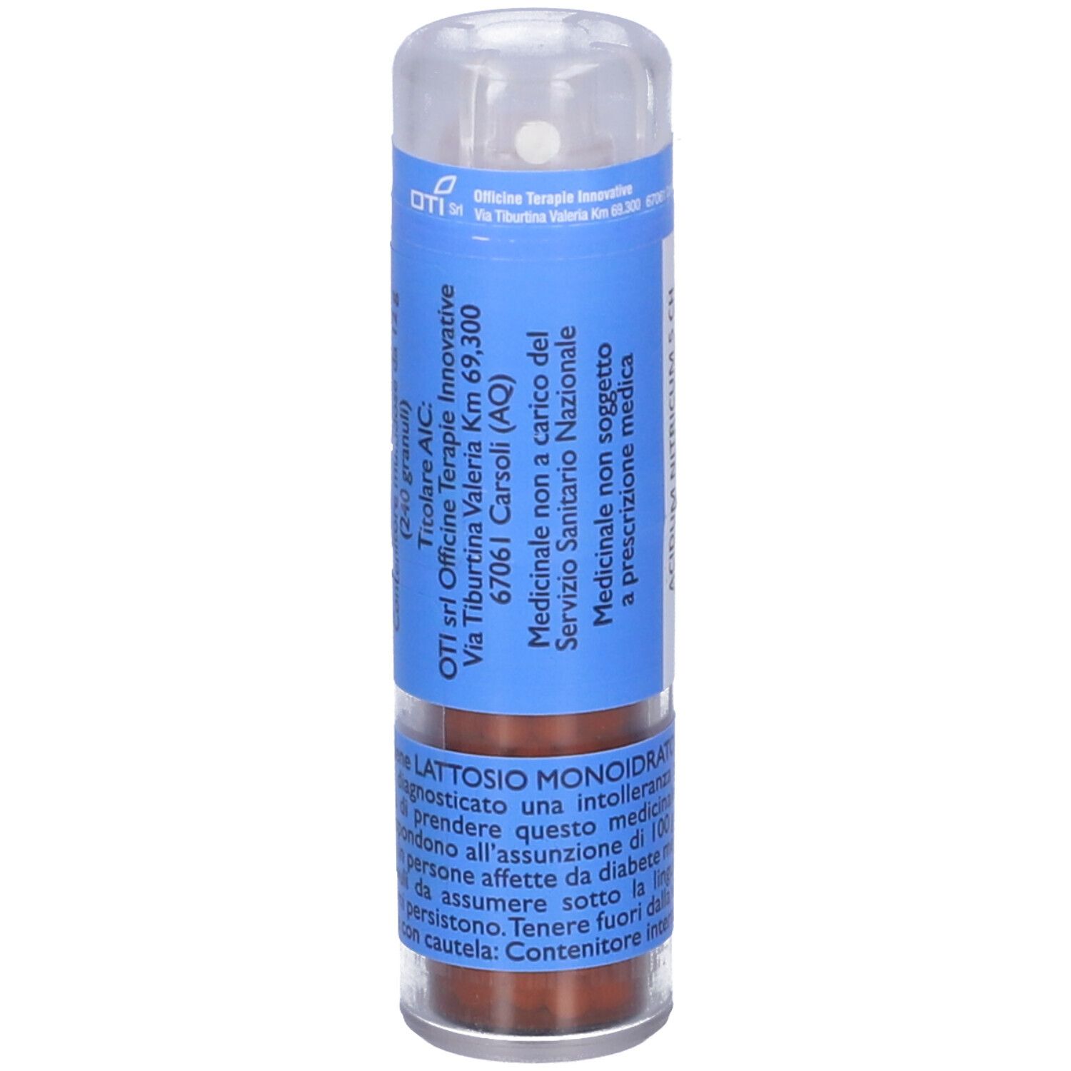 Contenitore cilindrico con etichetta blu e testo. Coperchio trasparente. Contiene granuli. 12 g.