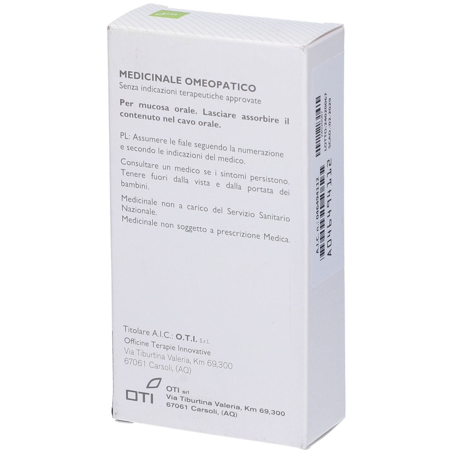 Retro della scatola bianca. Testo: Medicinale omeopatico, senza indicazioni terapeutiche. Istruzioni per l'uso.