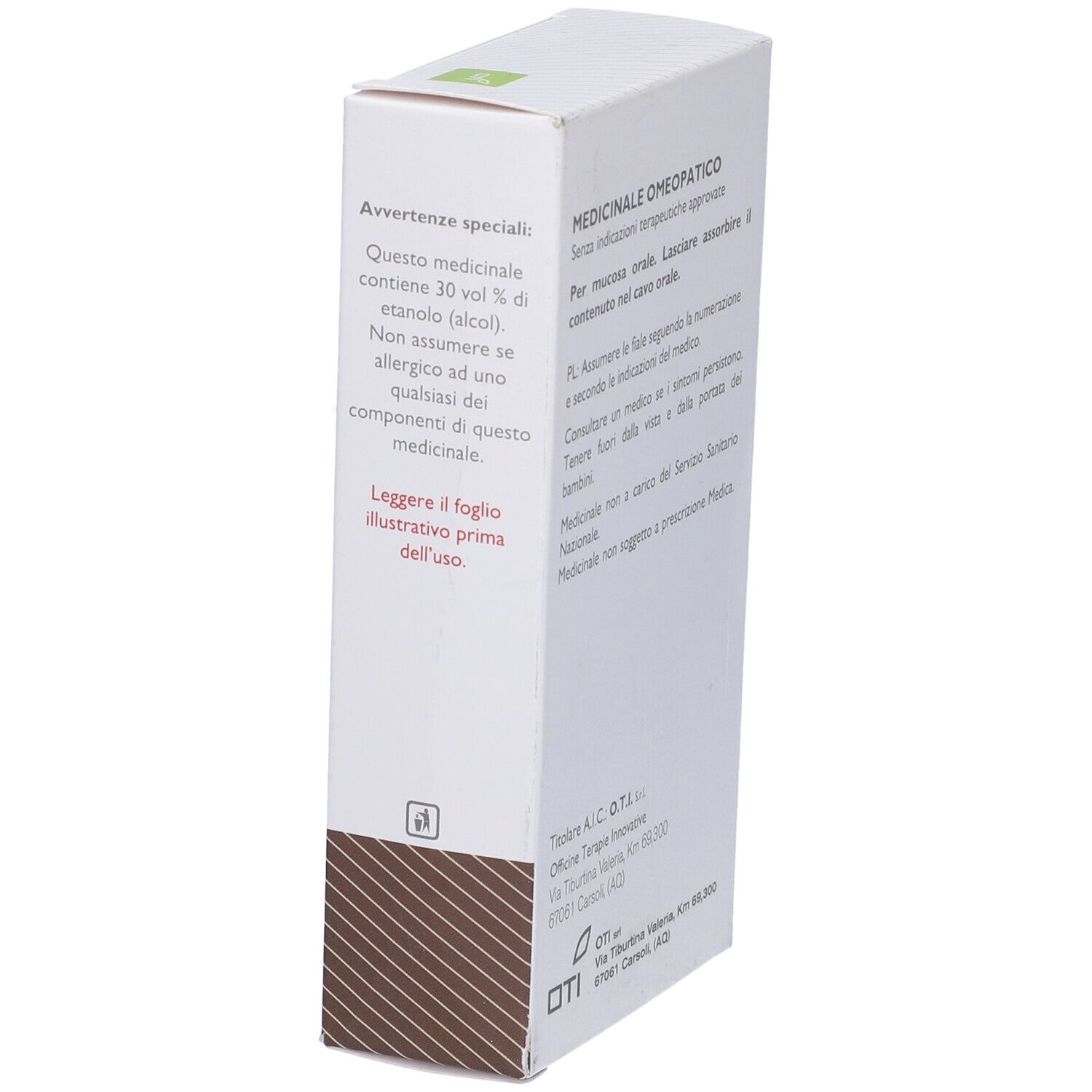 Vista laterale della scatola bianca. Testo: Contiene 30% di alcol. Avvertenze. Informazioni produttore.