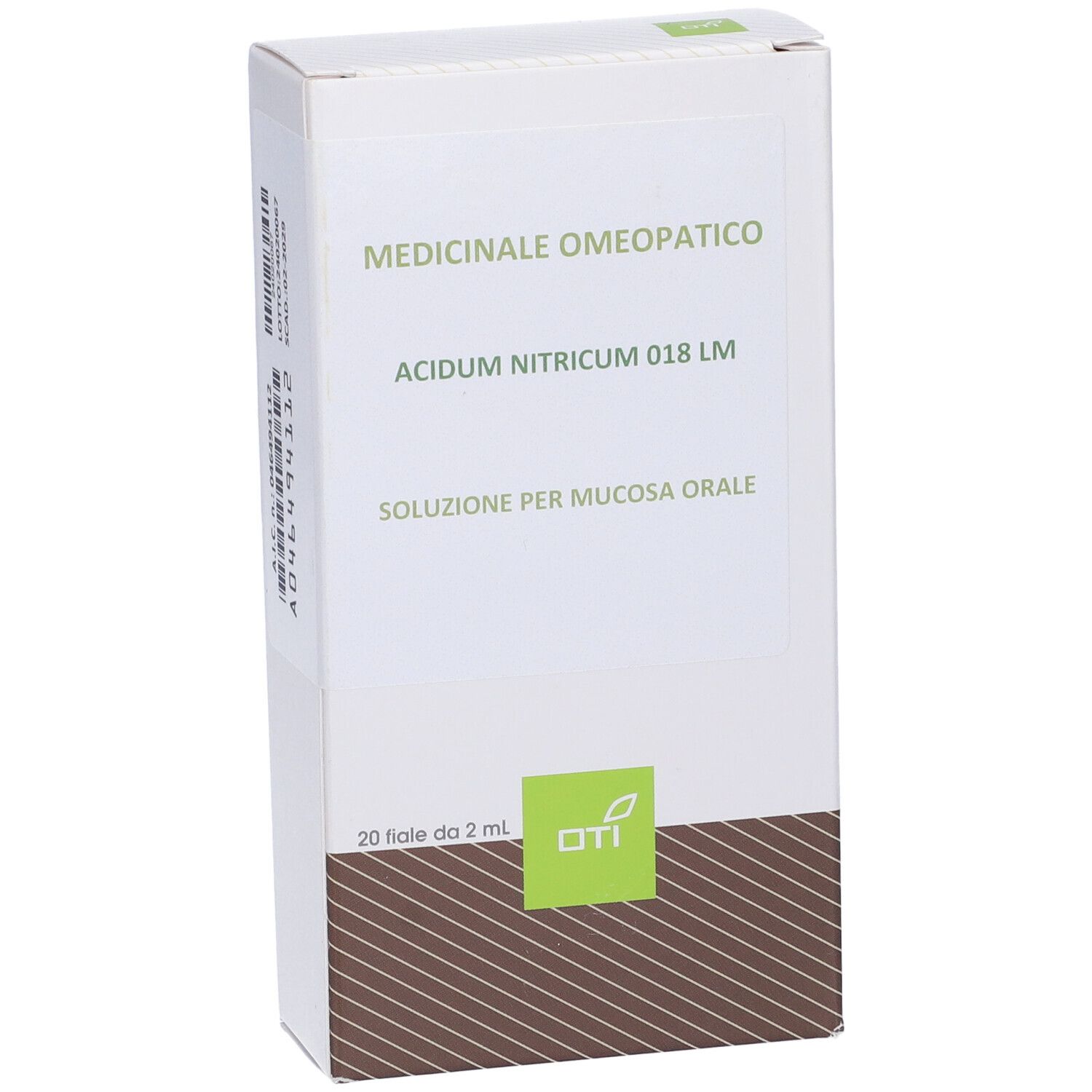 Scatola bianca con testo: Acidum Nitricum 018 LM, soluzione per mucosa orale. 20 fiale da 2 ml.