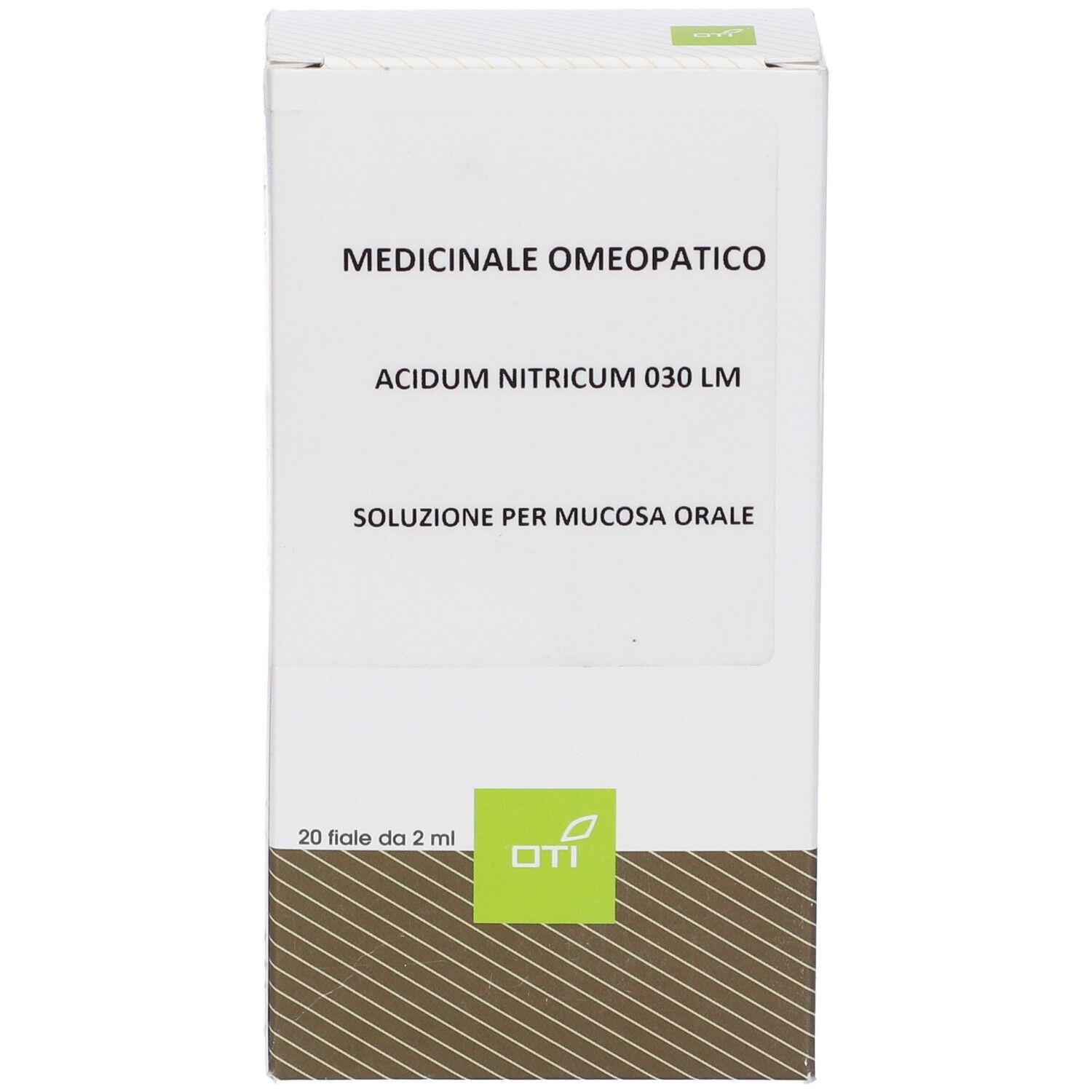 Confezione del prodotto con etichetta: Acidum Nitricum 030 LM, soluzione per mucosa orale. 20 fiale.