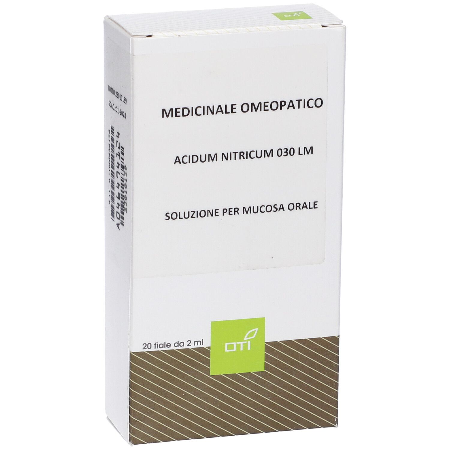 Confezione del prodotto con etichetta: Acidum Nitricum 030 LM, soluzione per mucosa orale. 20 fiale.
