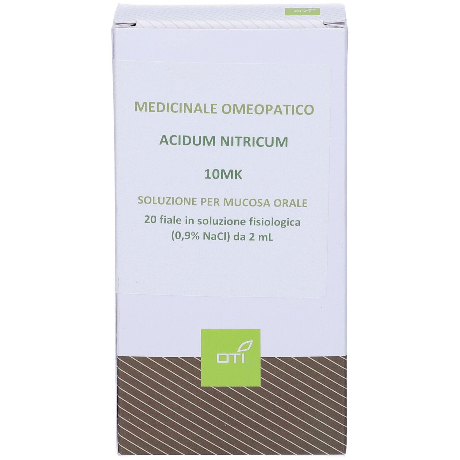 Vista frontale della scatola bianca. Scritta: Acidum Nitricum 10MK, soluzione per mucosa orale. Logo OTI.