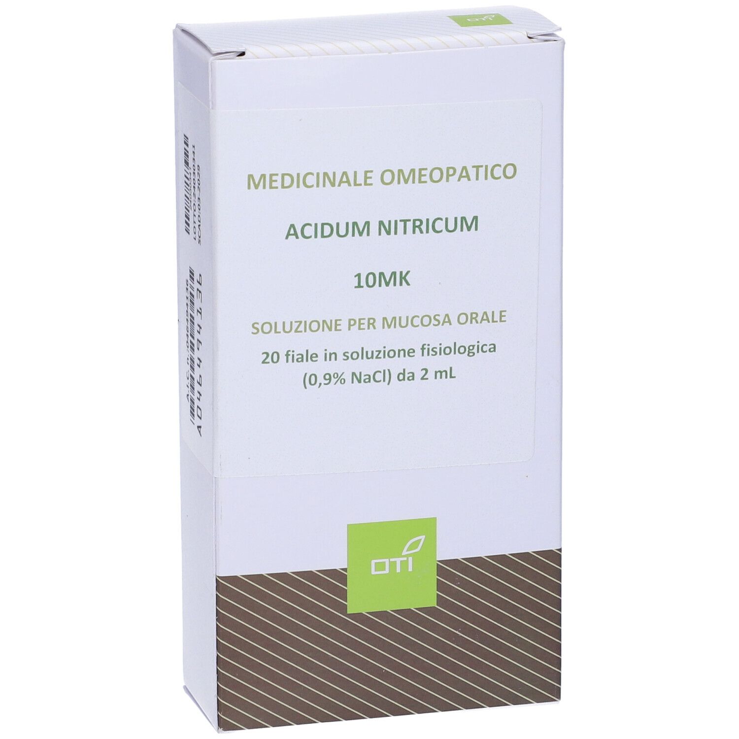 Vista frontale della scatola bianca. Scritta: Acidum Nitricum 10MK, soluzione per mucosa orale. Logo OTI.