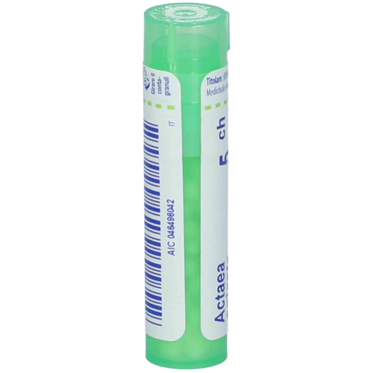 Confezione cilindrica verde con codice a barre ed etichetta bianca. Scritta: Actaea, 5 ch.