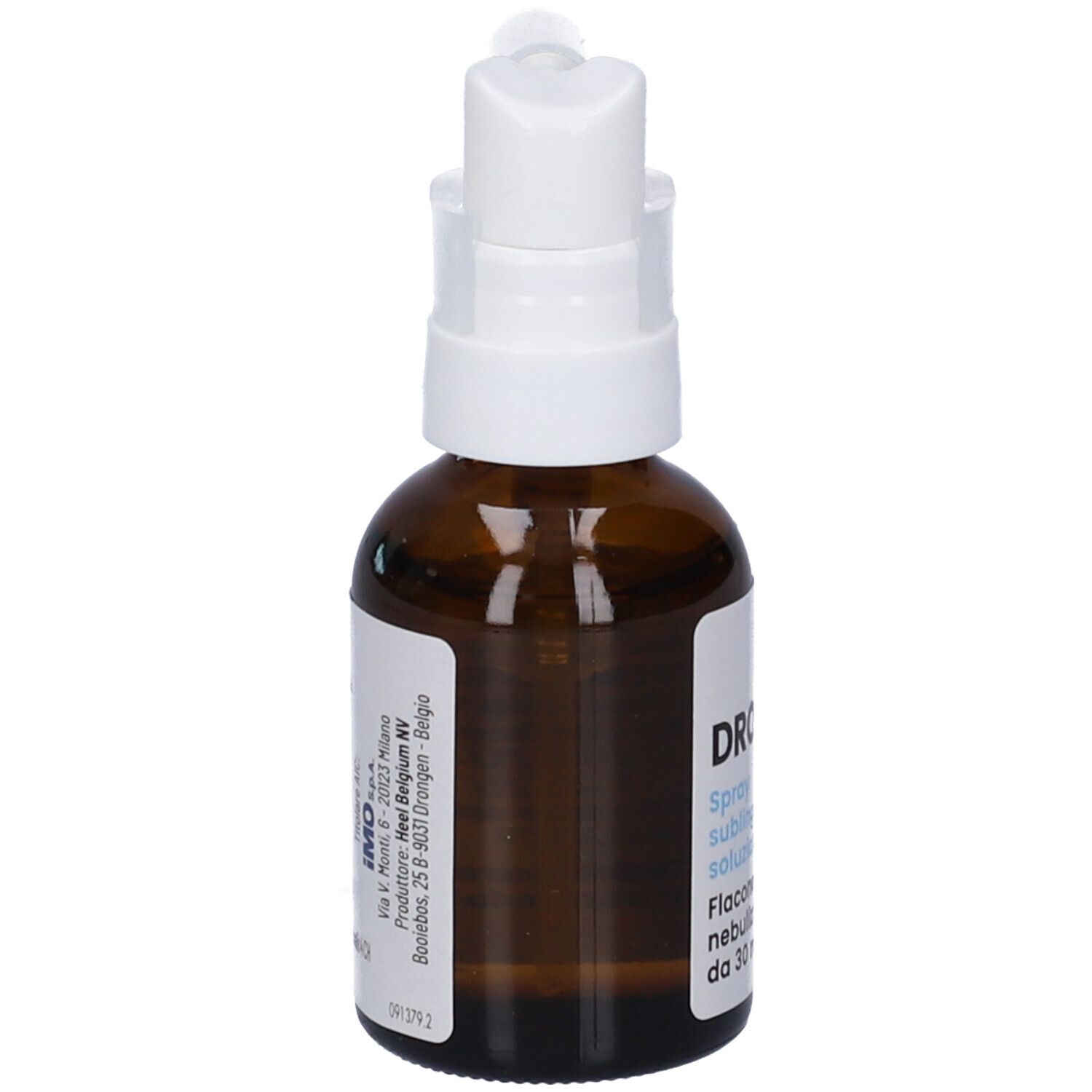 Flacone di vetro marrone con nebulizzatore bianco. Scritta: DROS Spray sublinguale, soluzione. Flacone nebulizzatore.