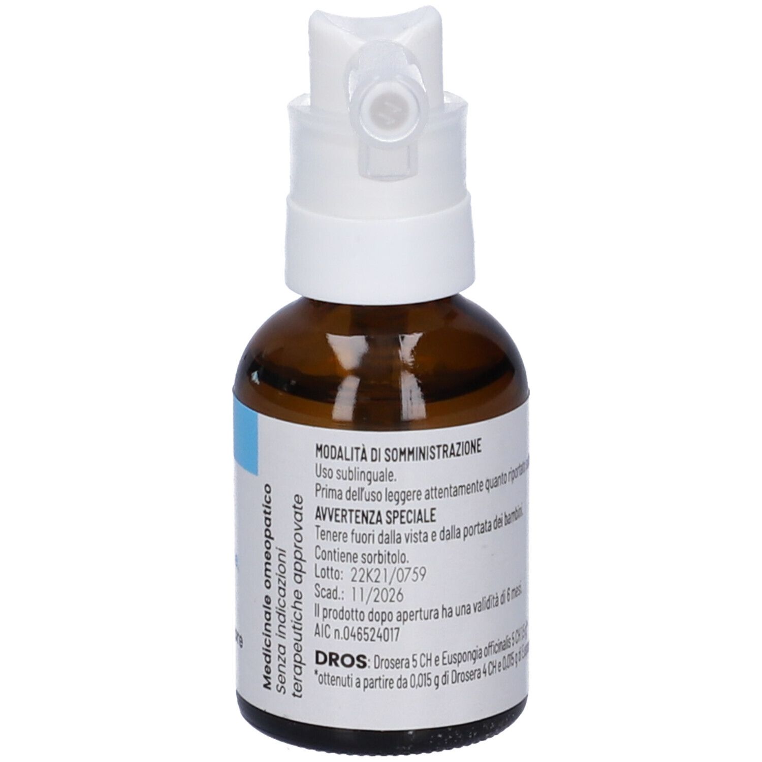 Flacone di vetro marrone con nebulizzatore bianco. Scritta: DROS Spray sublinguale, soluzione. Flacone nebulizzatore.