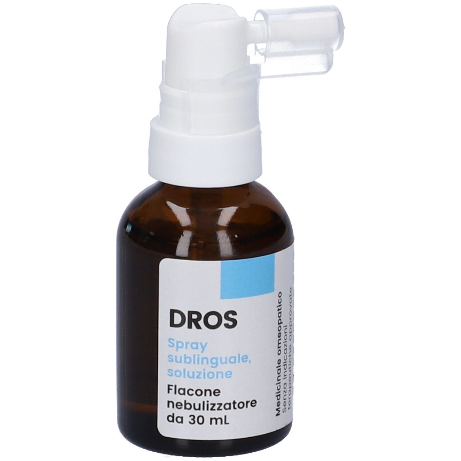 Flacone di vetro marrone con nebulizzatore bianco. Scritta: DROS Spray sublinguale, soluzione. Flacone nebulizzatore.