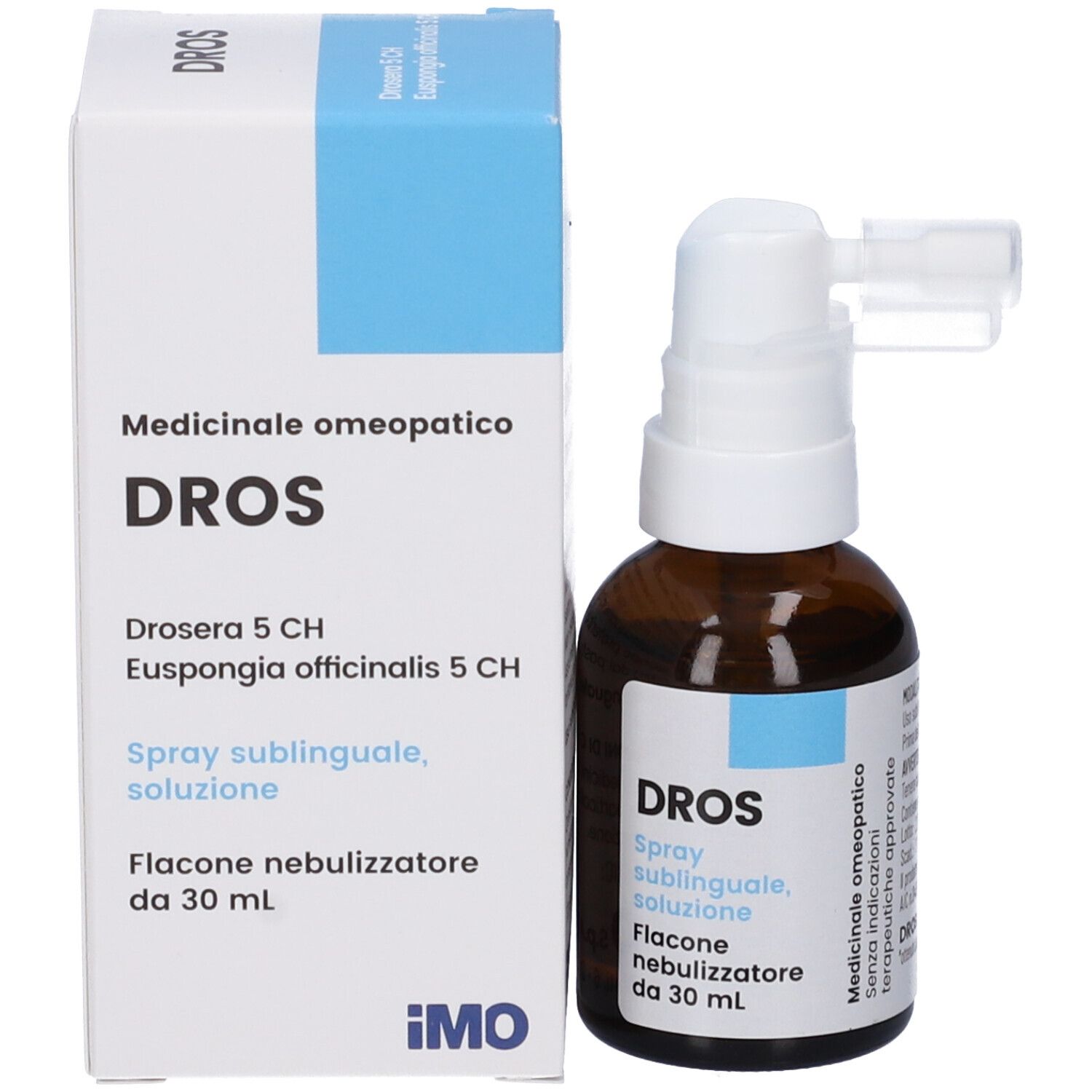 Flacone di vetro marrone con nebulizzatore bianco e confezione. Scritta: DROS Spray sublinguale, soluzione. Flacone nebulizzatore.