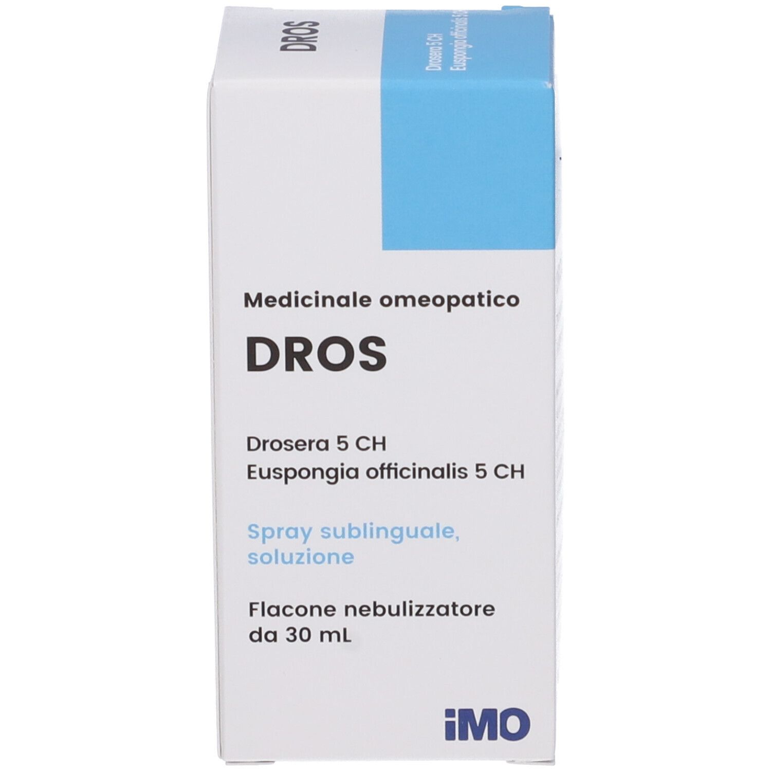 Confezione bianca con scritta: DROS, Spray sublinguale, soluzione. Flacone nebulizzatore.