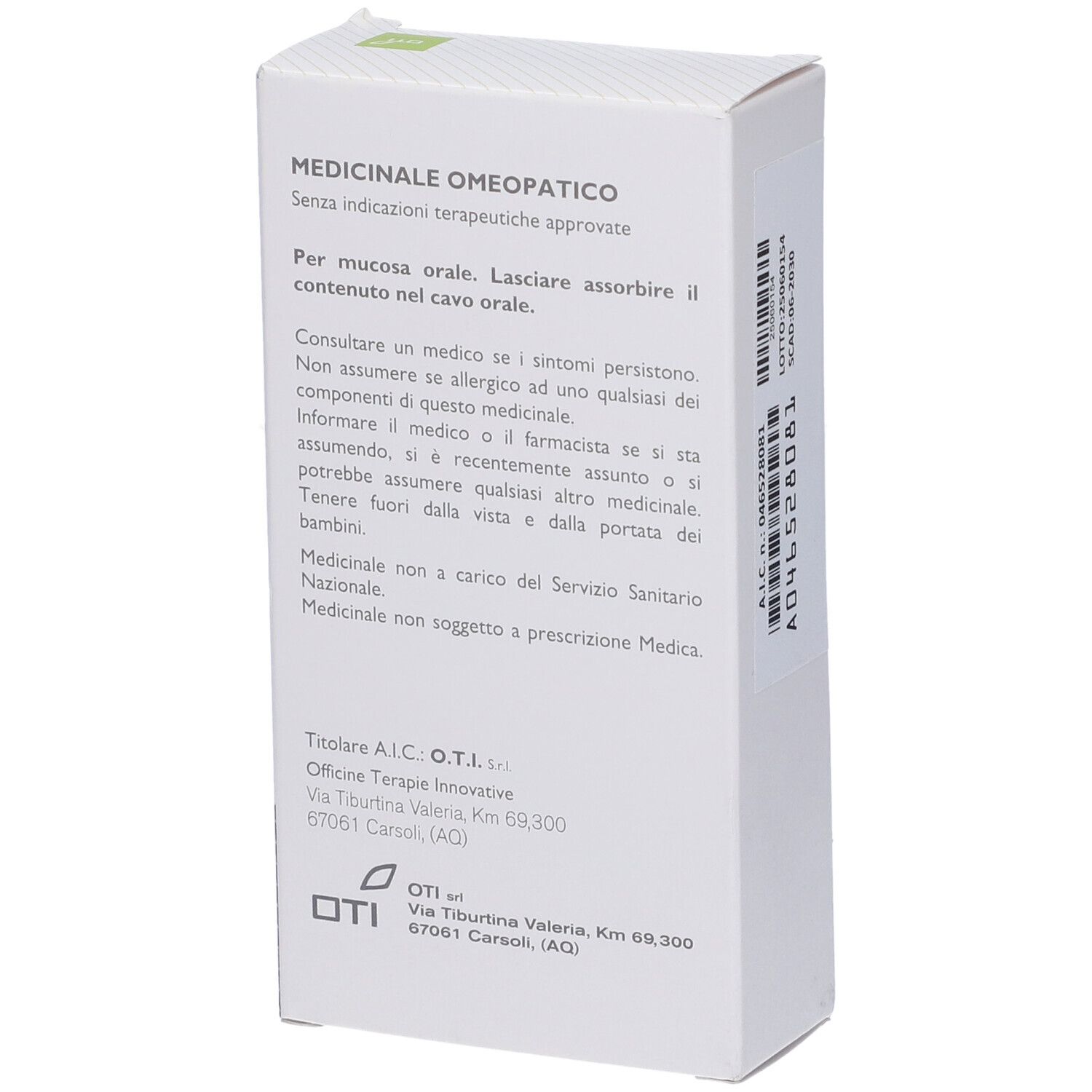 Retro della confezione. Testo sull'uso e avvertenze. Logo OTI e indirizzo.