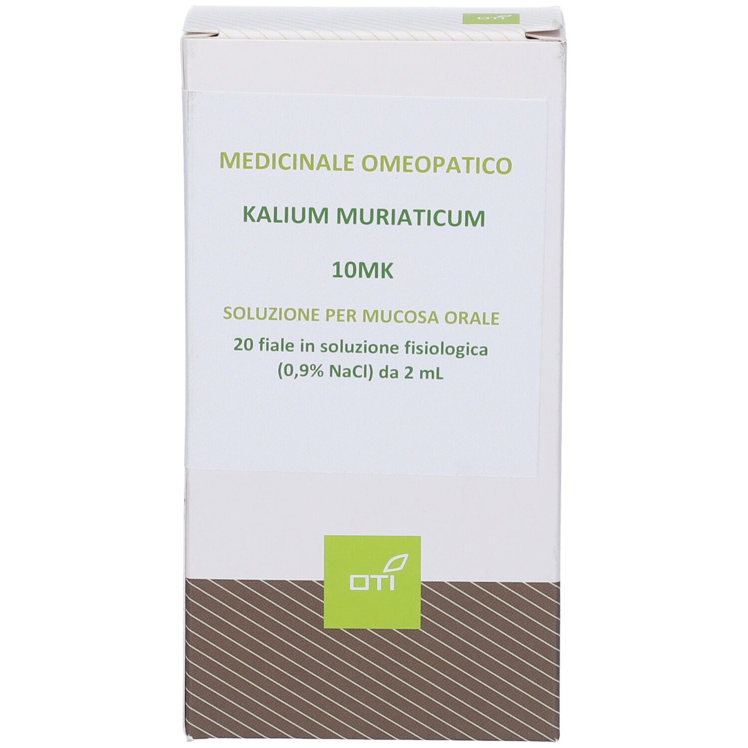 Confezione del prodotto con scritta: KALIUM MURIATICUM 10MK, soluzione per mucosa orale. Logo OTI.