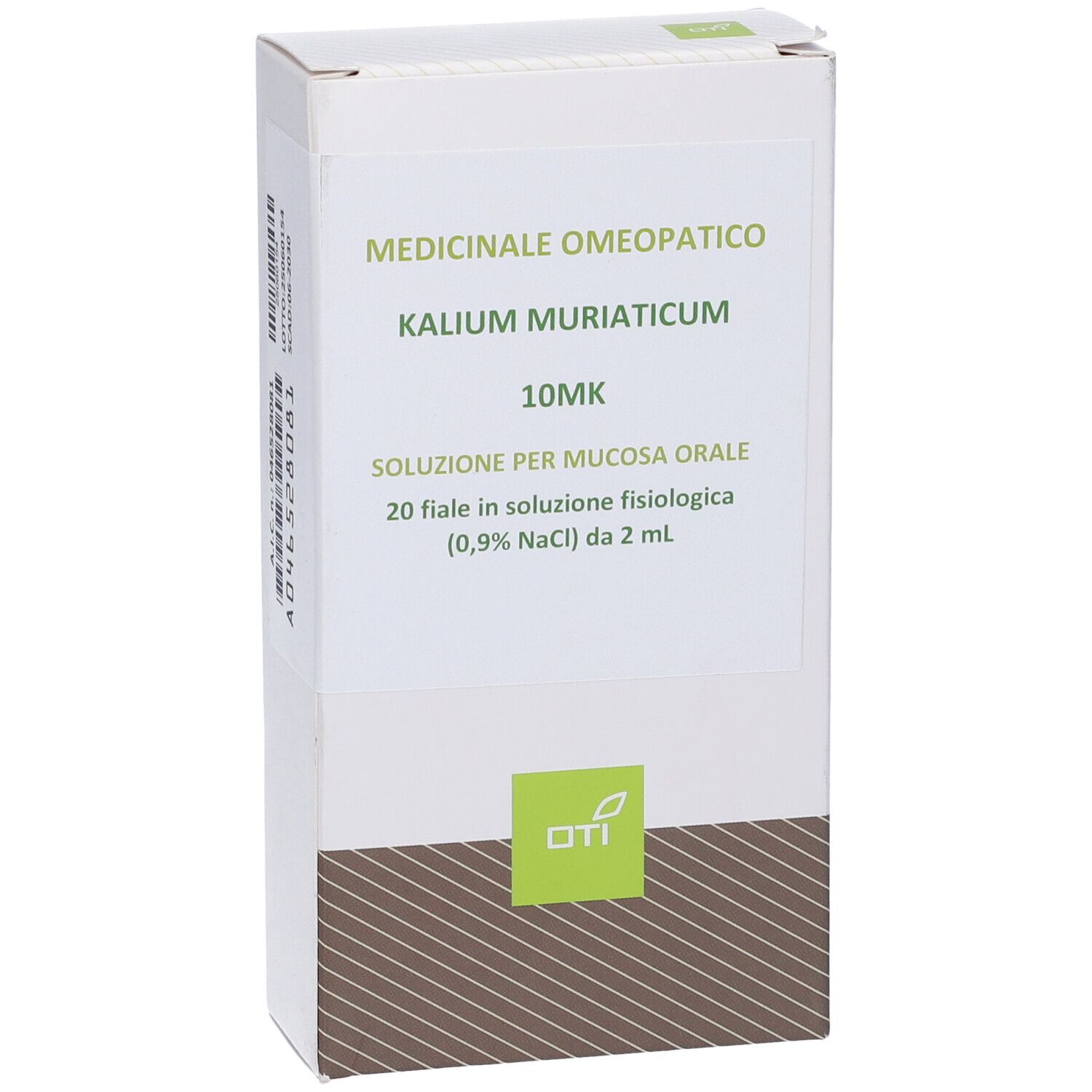 Confezione del prodotto con scritta: KALIUM MURIATICUM 10MK, soluzione per mucosa orale. Logo OTI.