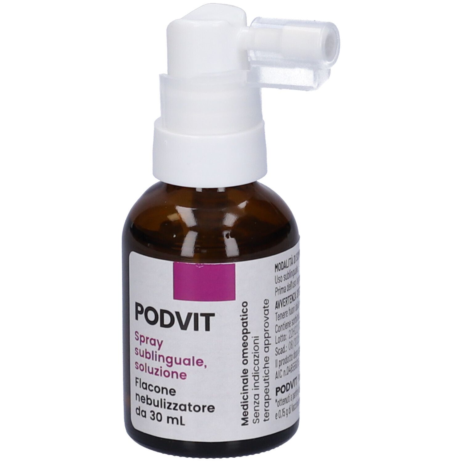 Flacone di vetro marrone con erogatore bianco. Etichetta con PODVIT e informazioni.
