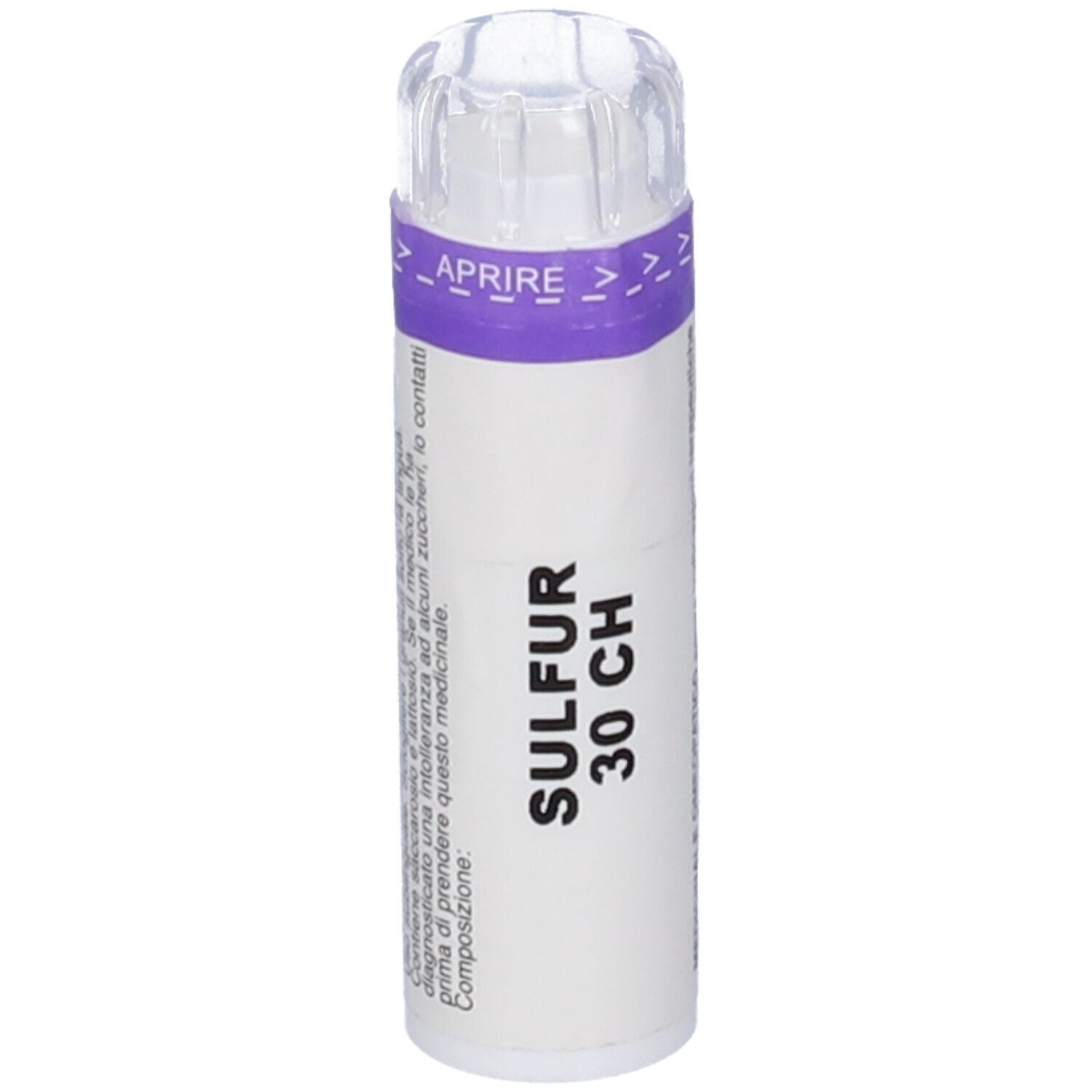 Flacone cilindrico con tappo trasparente. Scritta: SULFUR 30 CH. Fascia viola con "APRIRE" e frecce.
