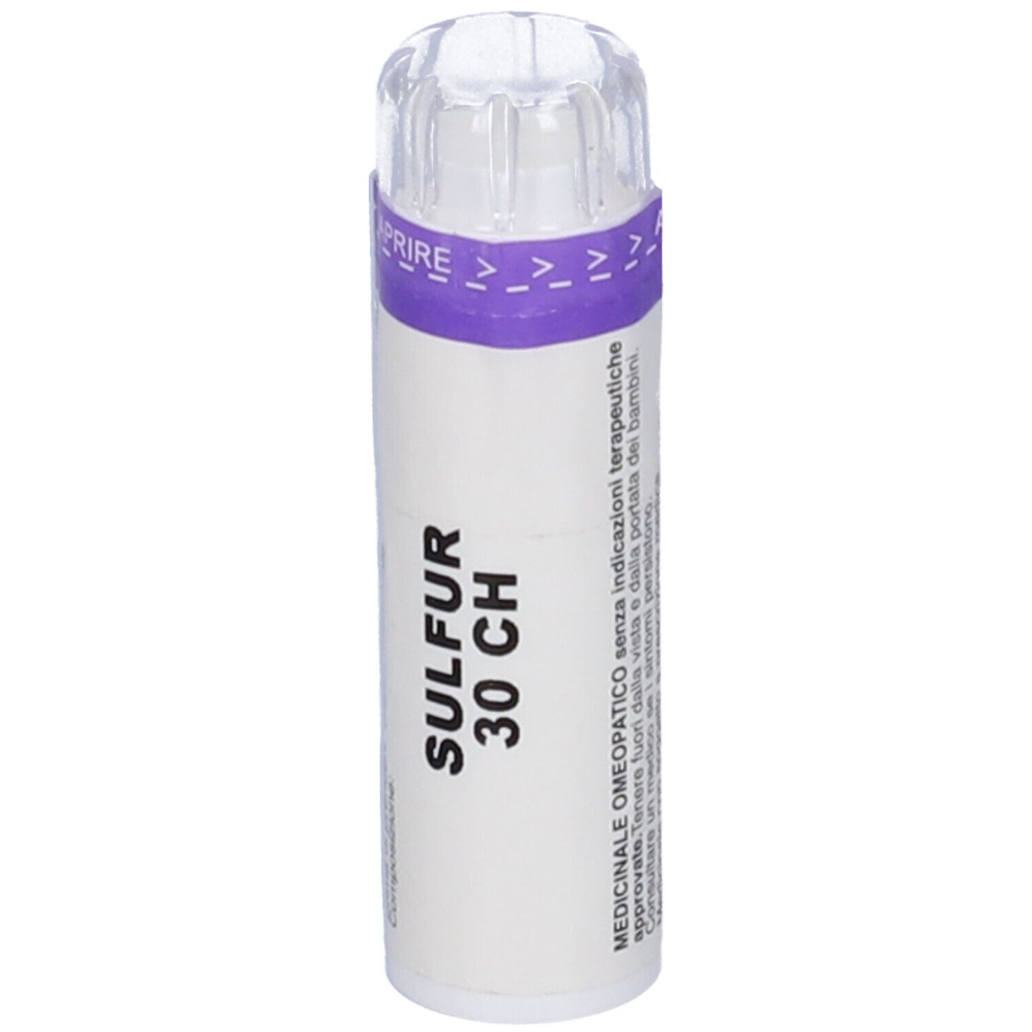 Flacone cilindrico con tappo trasparente. Scritta: SULFUR 30 CH. Testo sulle indicazioni mediche.