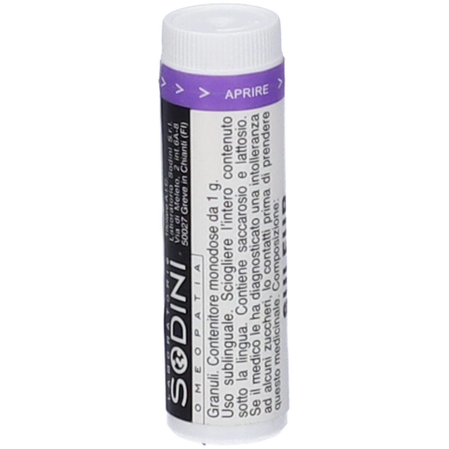 Contenitore cilindrico bianco con stampa viola. Scritta: SODINI. Testo in italiano.