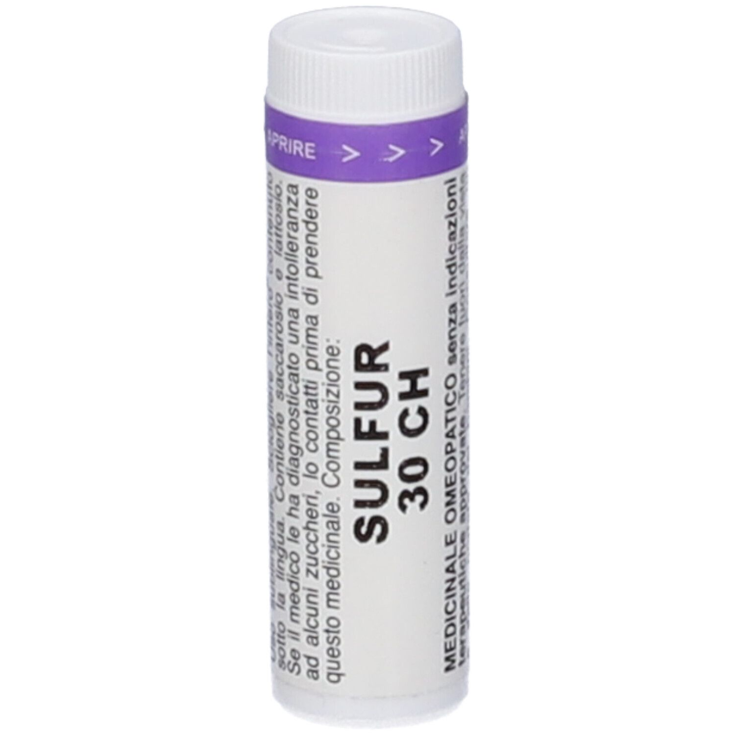 Contenitore cilindrico bianco con stampa viola. Scritta: SULFUR 30 CH. Testo in italiano.