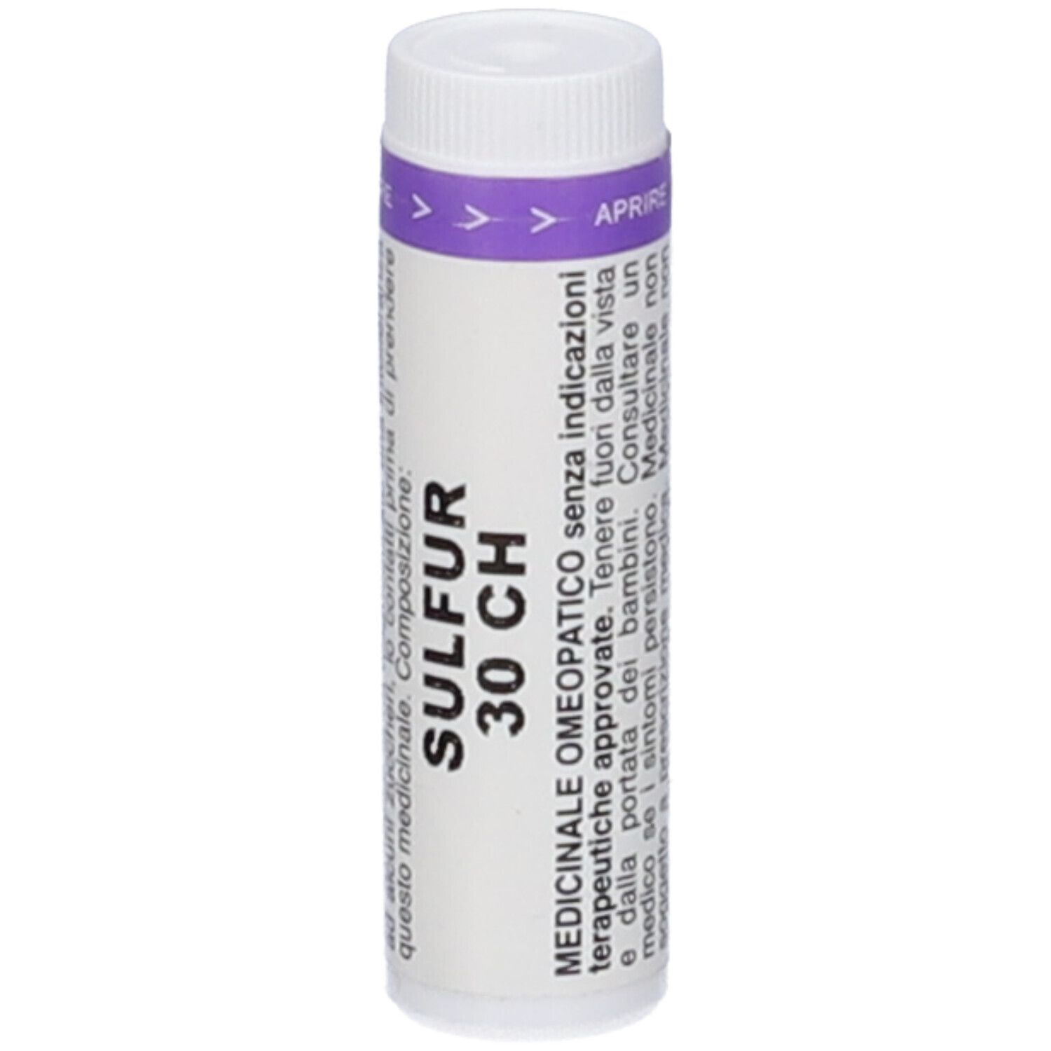 Contenitore cilindrico bianco con stampa viola. Scritta: SULFUR 30 CH. Testo in italiano.