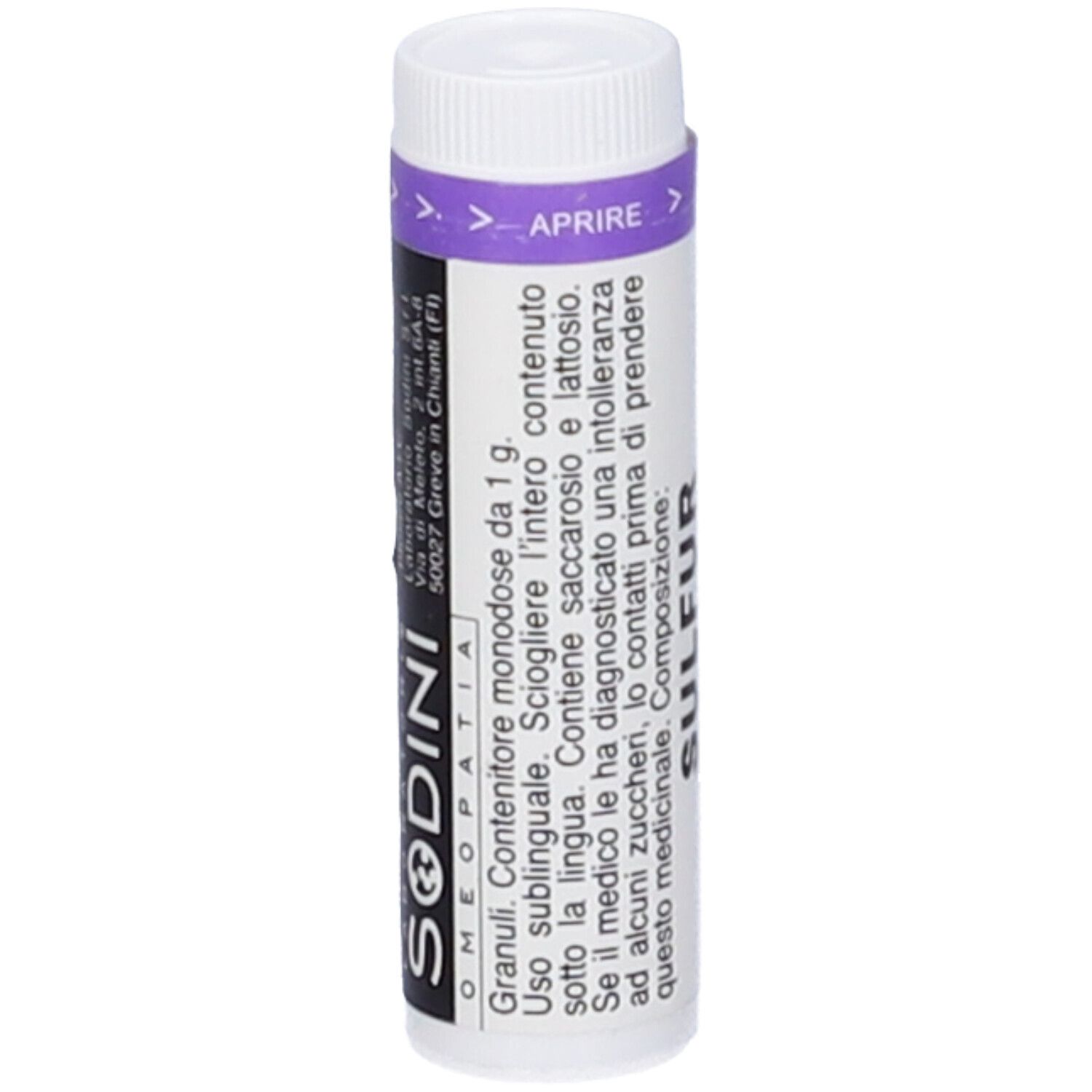 Flacone cilindrico bianco con tappo viola. Scritta: SODINI OMEOPATIA. Granuli. Testo in italiano.