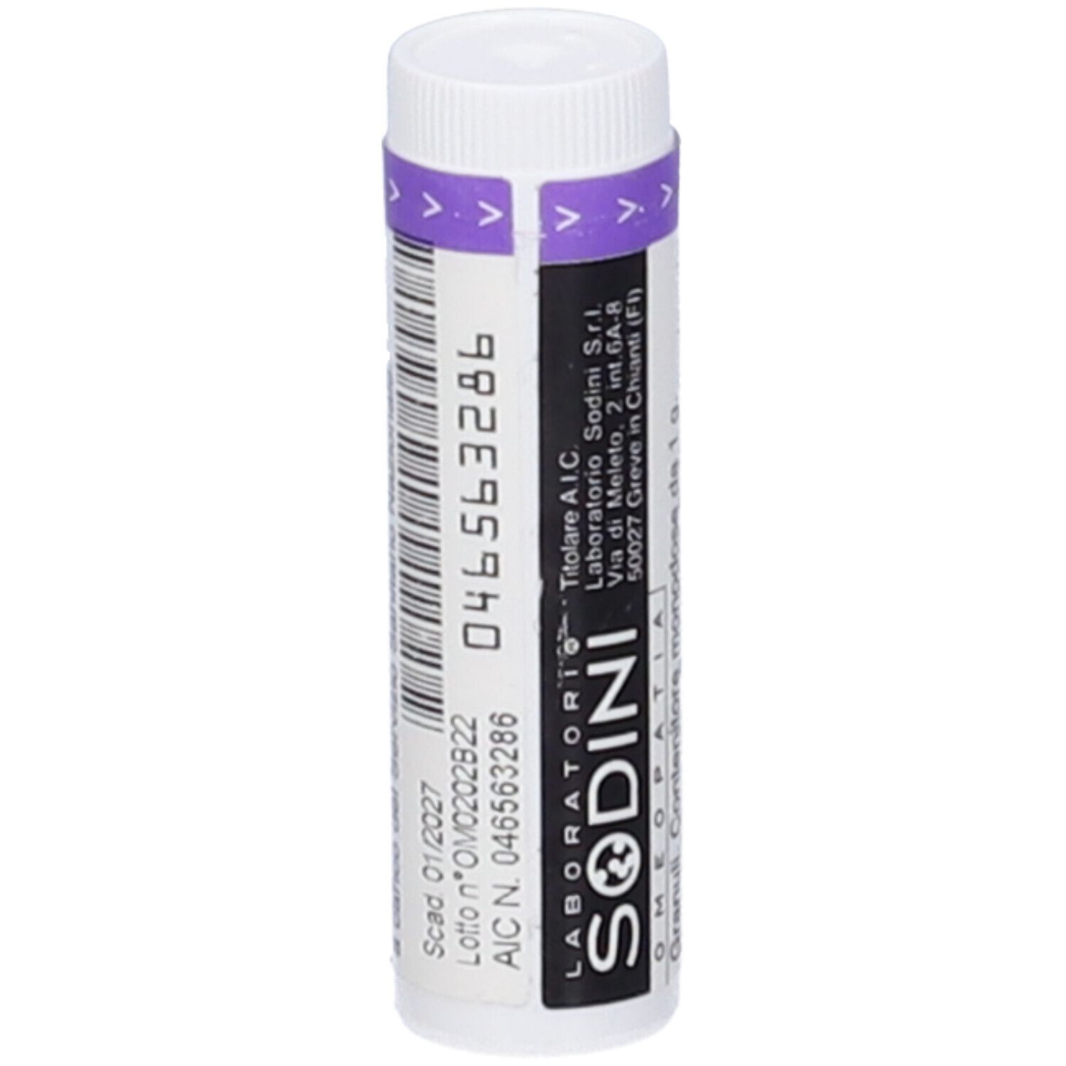 Flacone cilindrico bianco con tappo viola. Scritta: 046563286. Altri codici e informazioni sull'etichetta.