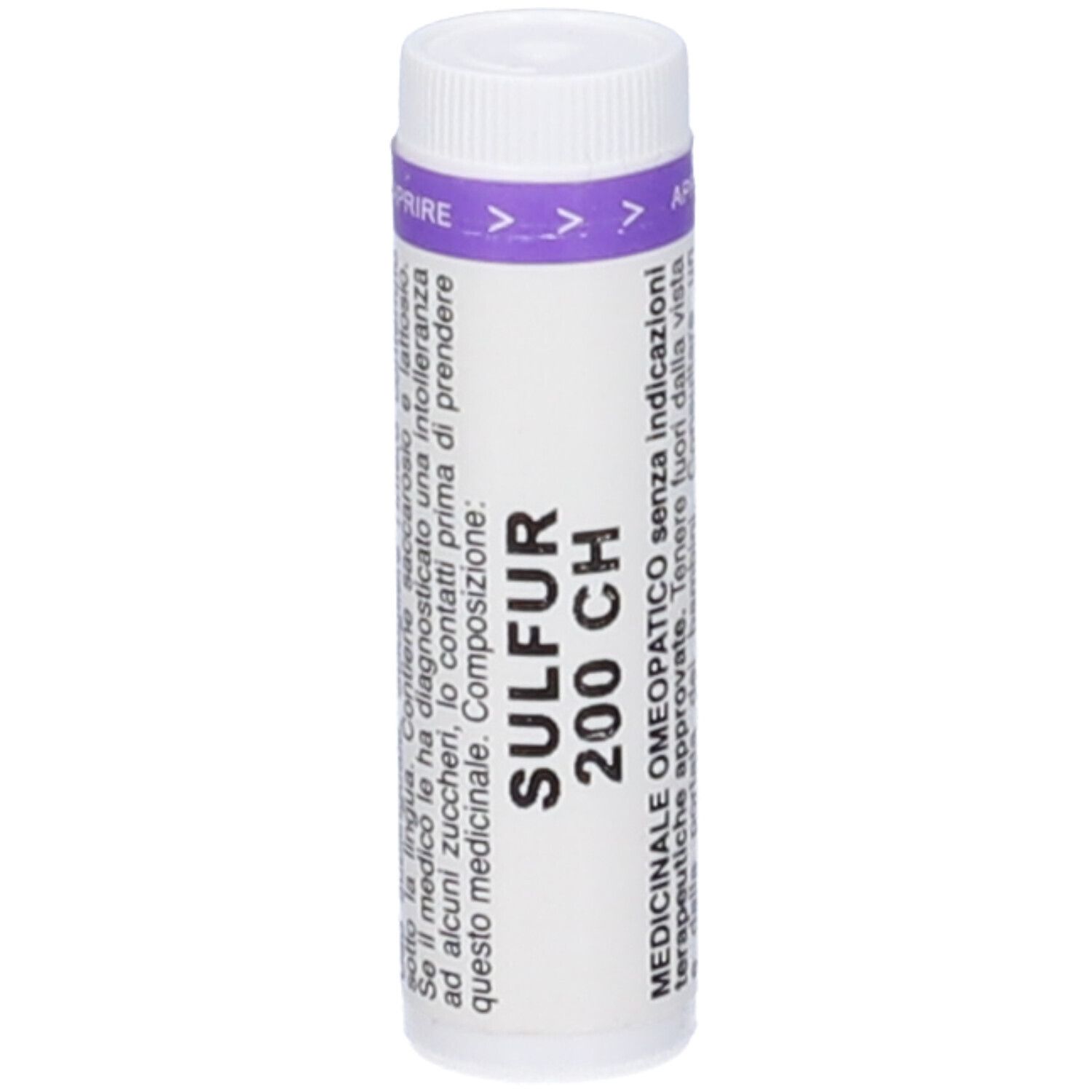 Flacone cilindrico bianco con tappo viola. Scritta: SULFUR 200 CH. Frecce indicano l'apertura.