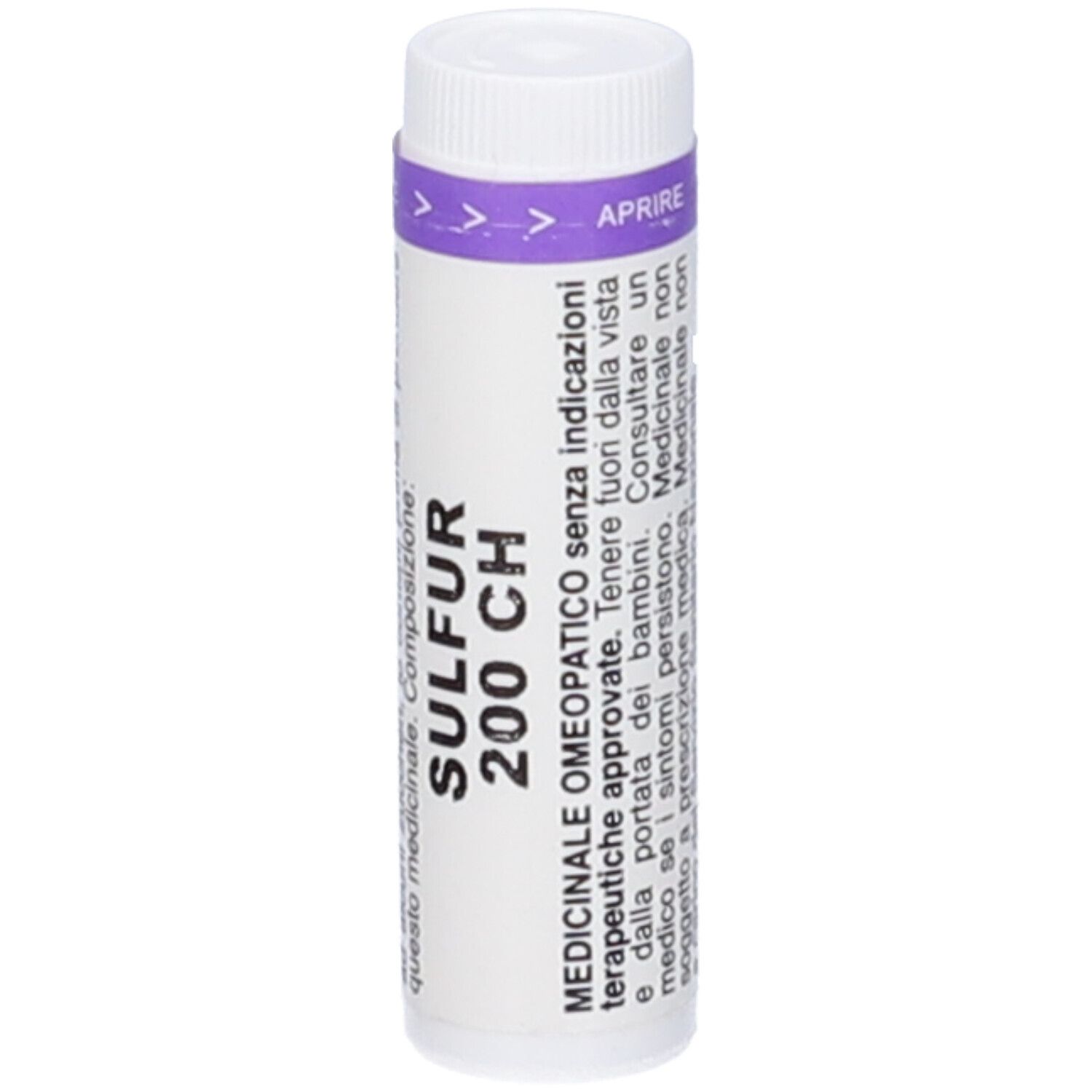 Flacone cilindrico bianco con tappo viola. Scritta: SULFUR 200 CH. Frecce indicano l'apertura.