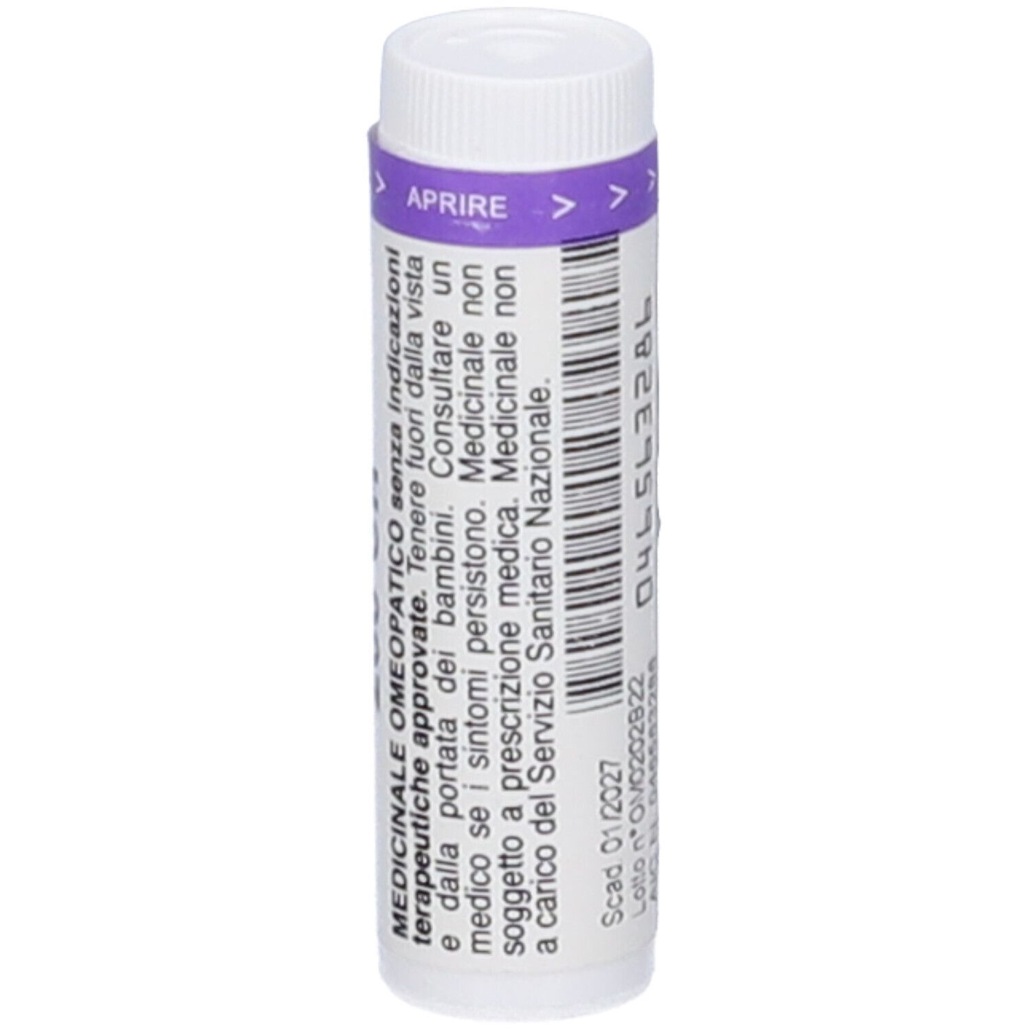 Flacone cilindrico bianco con tappo viola. Scritta: SULFUR 200 CH. Altre informazioni e codici sull'etichetta.