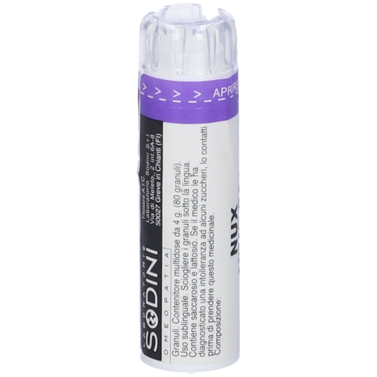 Flacone bianco con tappo viola. Testo: SODINI, OMEOPATIA. Contiene 80 granuli. Istruzioni in italiano.