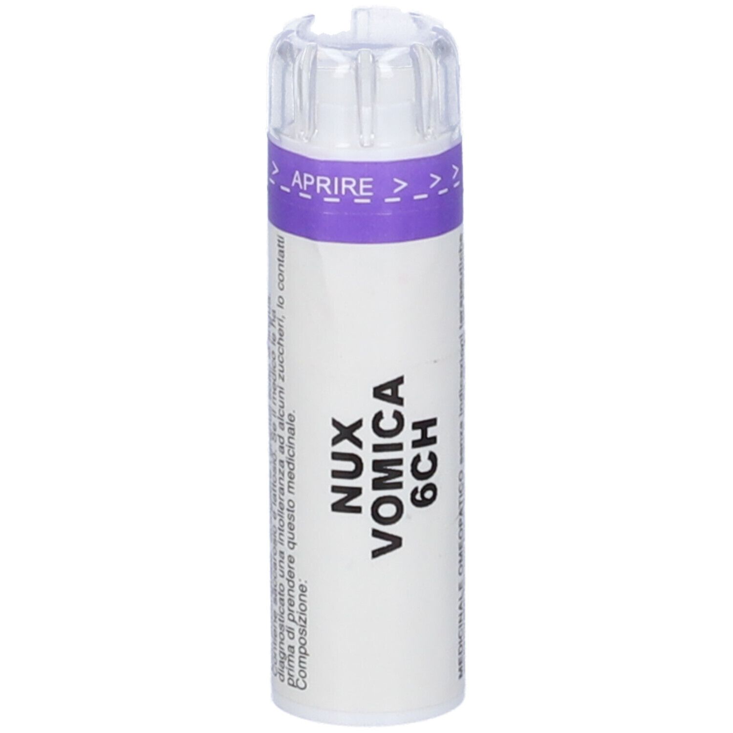 Flacone cilindrico bianco con tappo viola. Scritta: Nux Vomica 6CH. Tappo trasparente con simboli freccia.