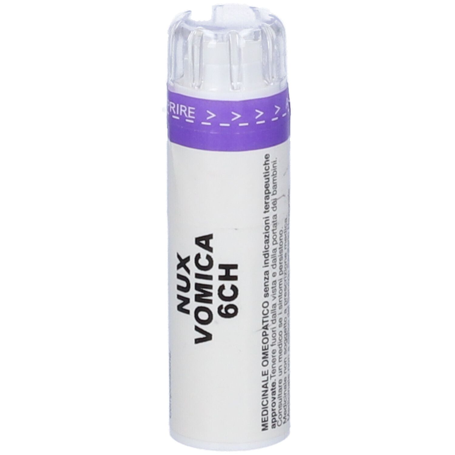 Flacone bianco con tappo viola. Scritta: Nux Vomica 6CH. Testo: Indicazioni mediche. Tappo trasparente.