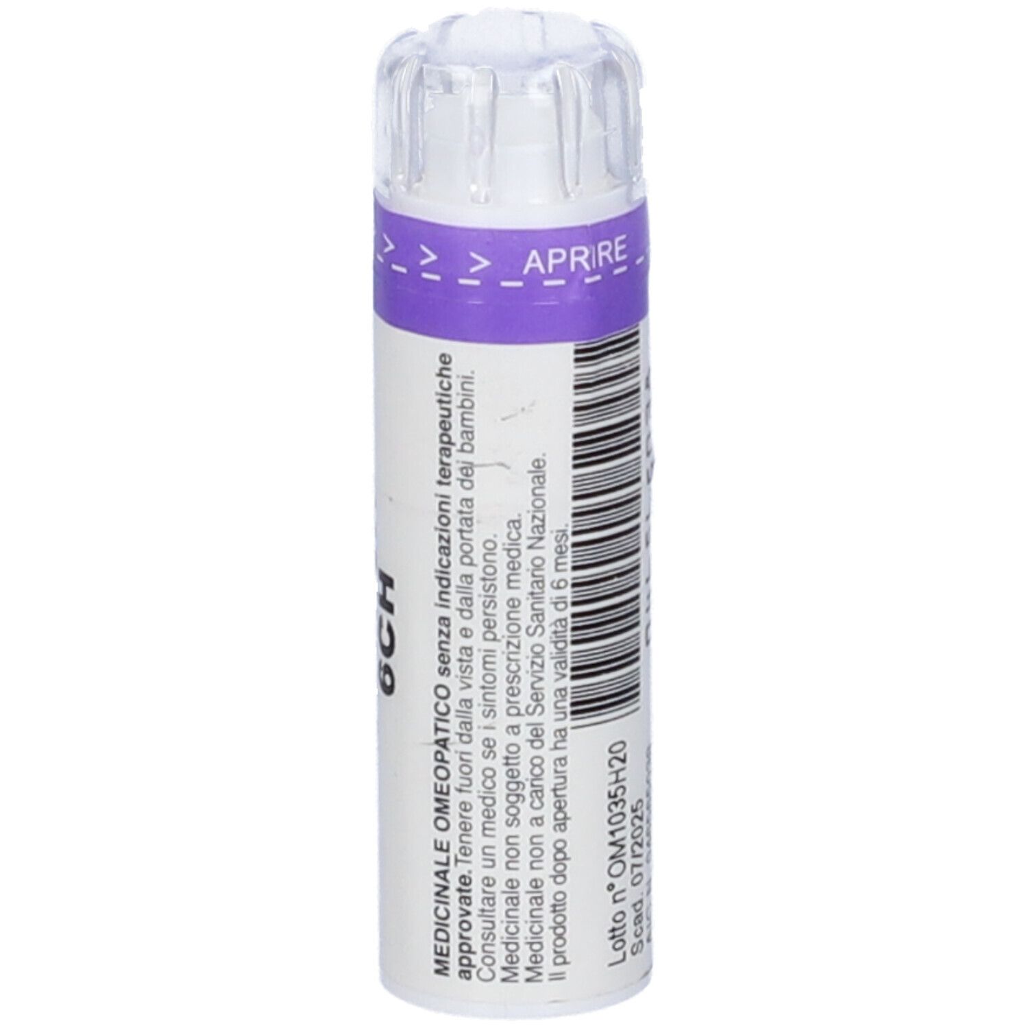 Flacone bianco con tappo viola. Testo: Indicazioni mediche. Numero di lotto e scadenza. Tappo trasparente.
