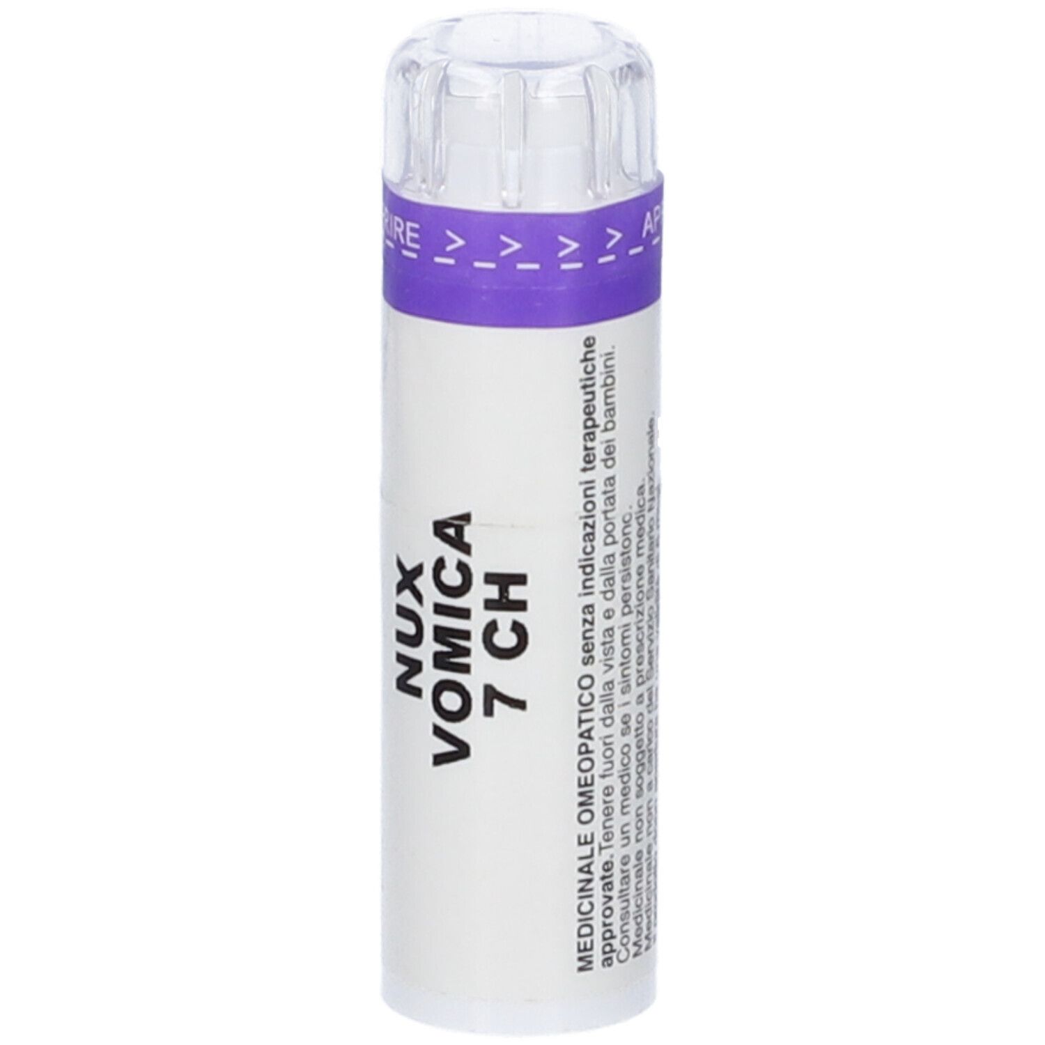 Flacone cilindrico con etichetta bianca. Scritta: Nux Vomica 7 CH. Tappo trasparente.