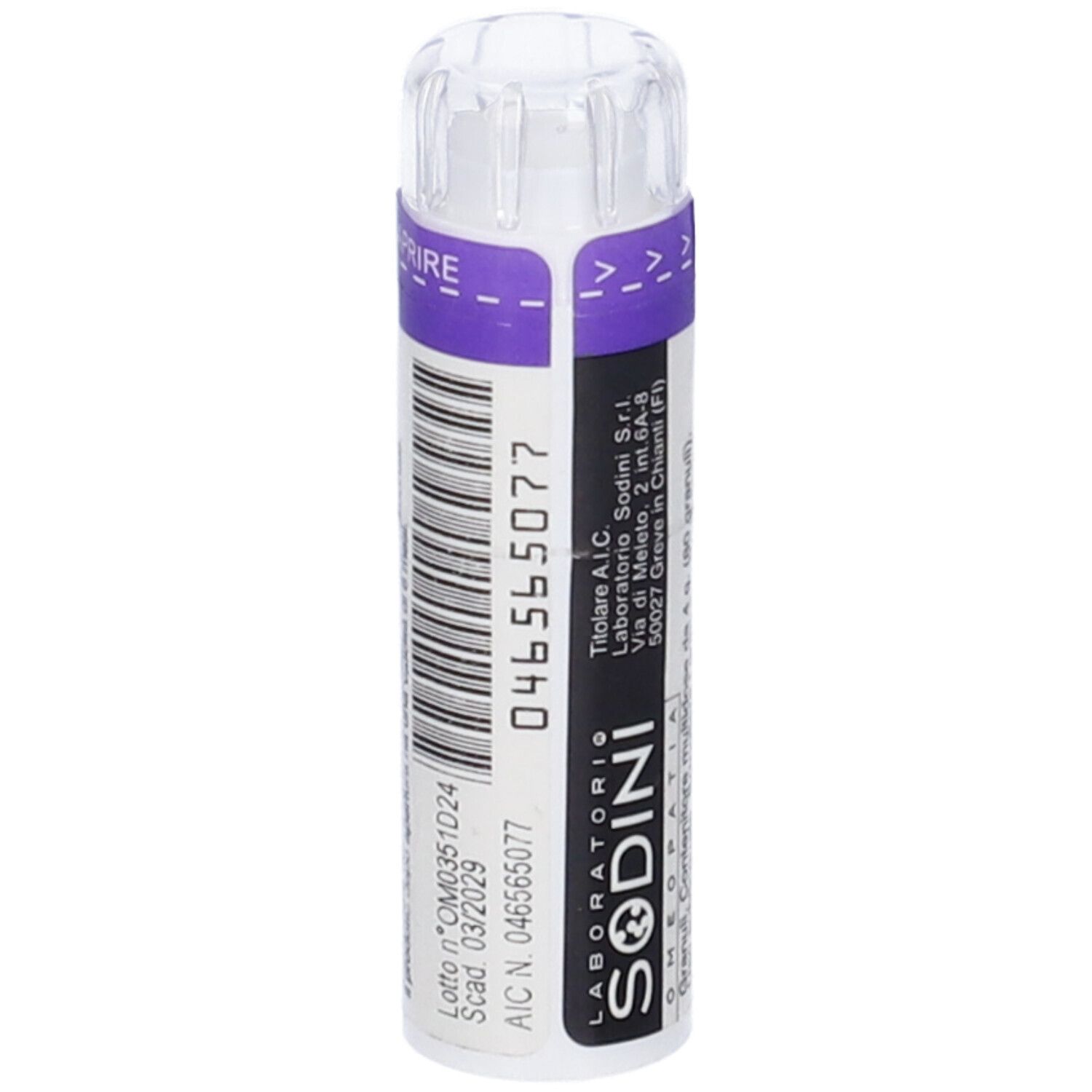Flacone cilindrico con etichetta bianca. Scritta: LABORATORIO SODINI. Codice a barre e numero di lotto. Fascia viola con indicazione di apertura.