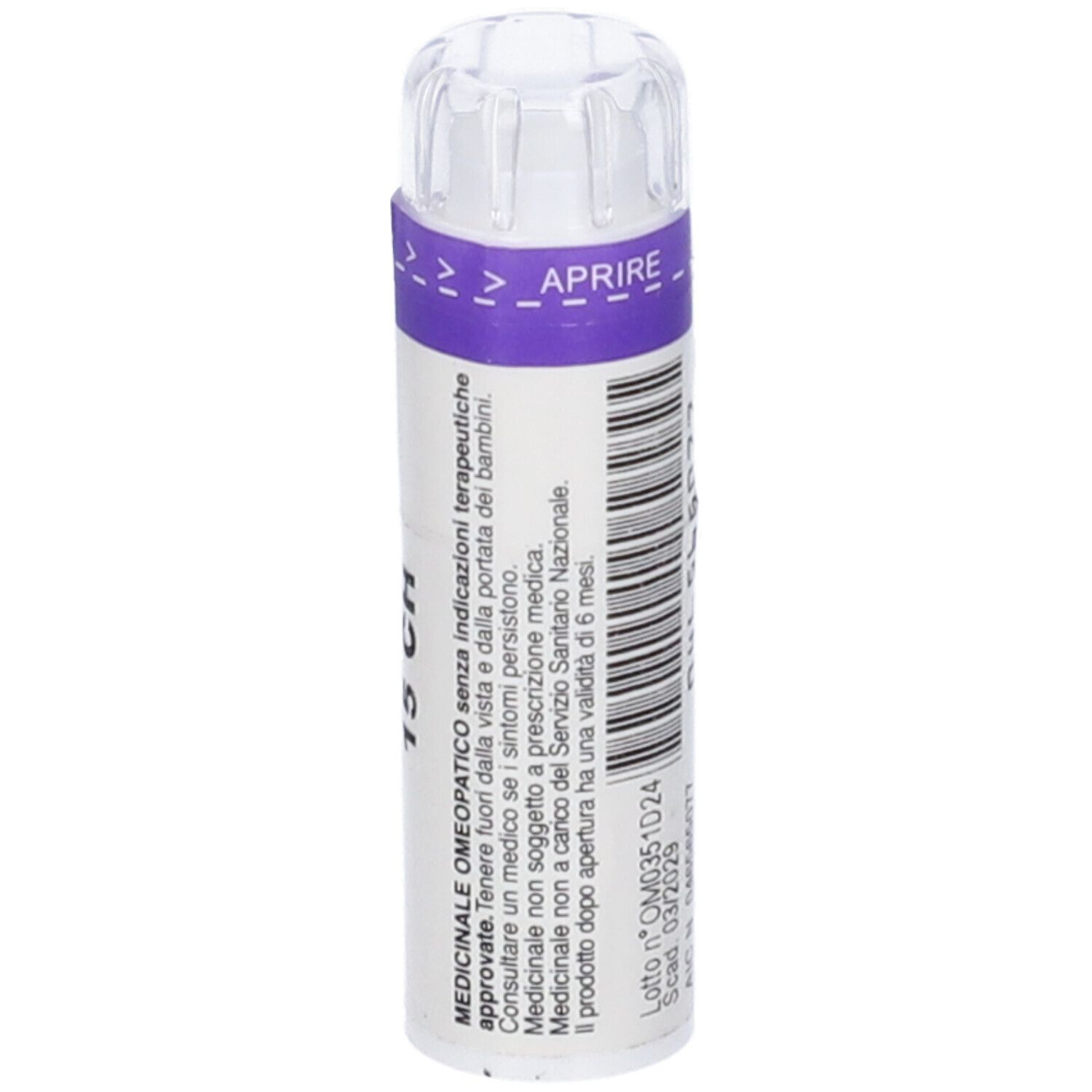 Flacone cilindrico con etichetta bianca. Scritta: Nux Vomica 15 CH. Codice a barre e numero di lotto. Fascia viola con indicazione di apertura.