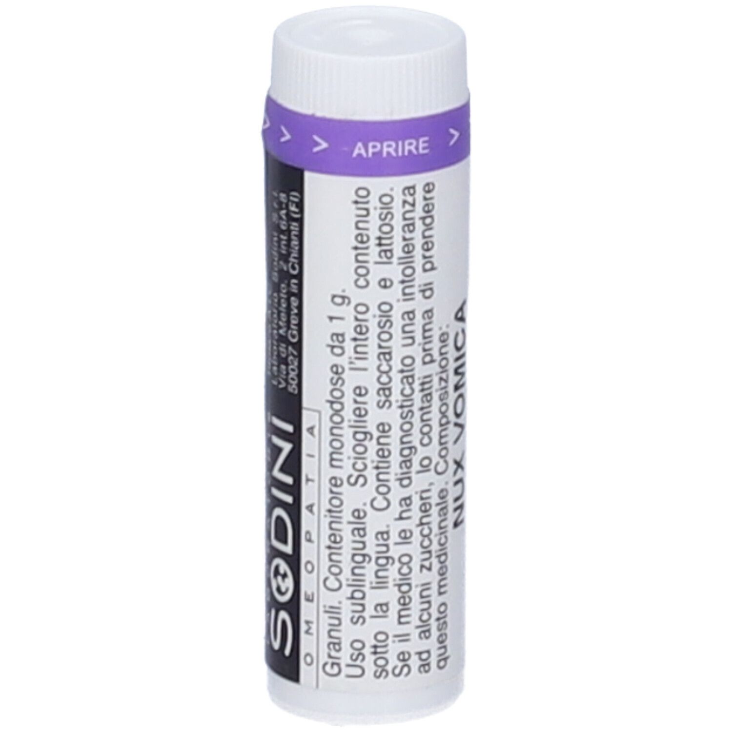 Contenitore cilindrico con tappo bianco e fascia viola. Scritta: SODINI OMEOPATIA. Testo in italiano.