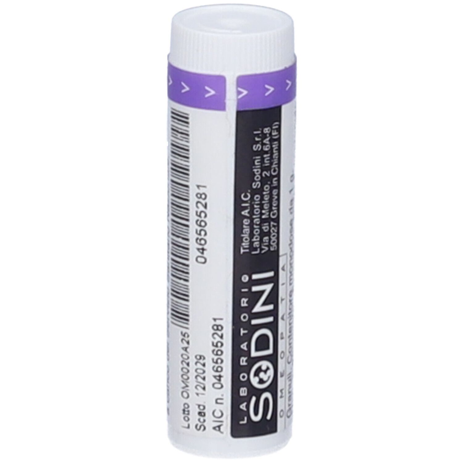 Contenitore cilindrico con tappo bianco e fascia viola. Scritta: SODINI. Codice a barre e numero di lotto.