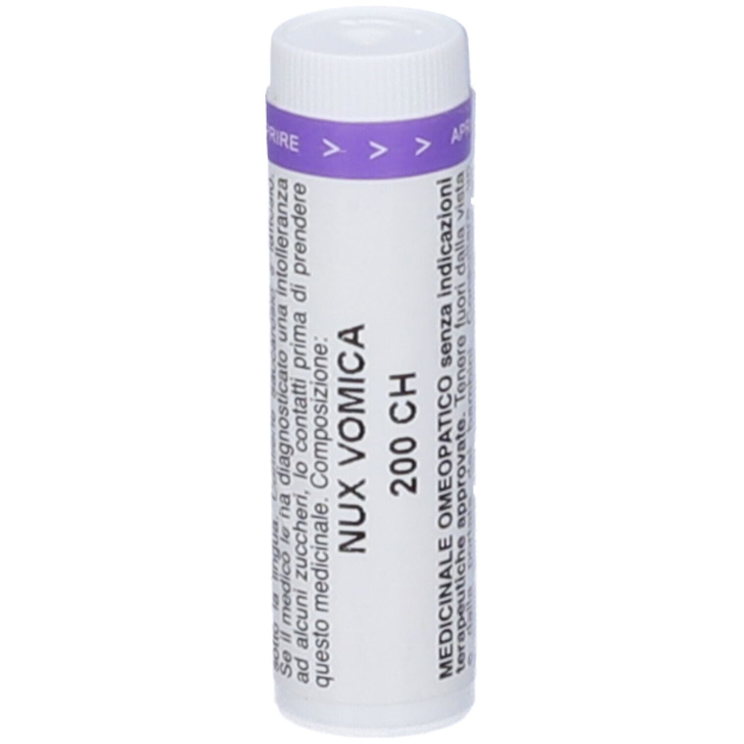 Contenitore cilindrico con tappo bianco e fascia viola. Scritta: Nux Vomica 200 CH. Testo in italiano.