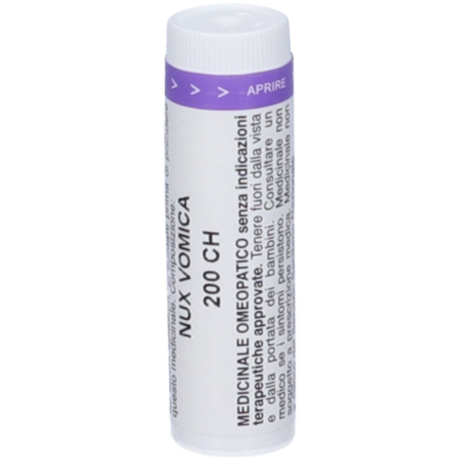 Contenitore cilindrico con tappo bianco e fascia viola. Scritta: Nux Vomica 200 CH. Testo in italiano.