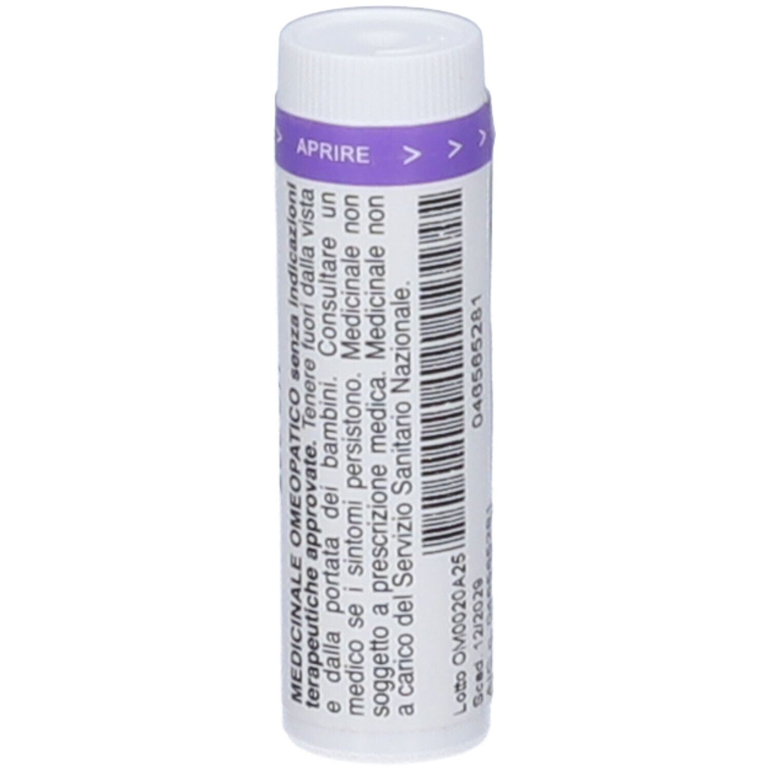 Contenitore cilindrico con tappo bianco e fascia viola. Testo in italiano. Codice a barre.