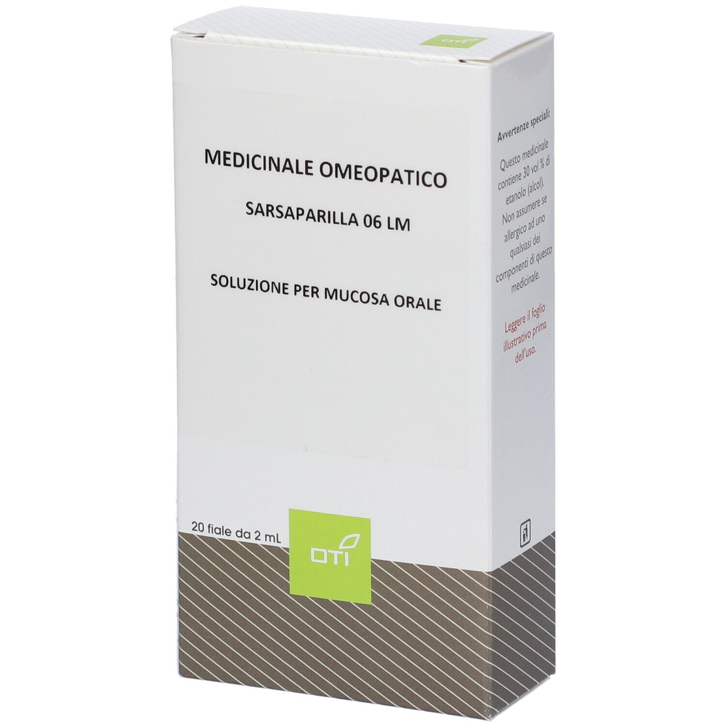 Scatola bianca con testo: Medicinale Omeopatico, Sarsaparilla 06 LM, Soluzione per mucosa orale. 20 fiale da 2 ml. Logo OTI.